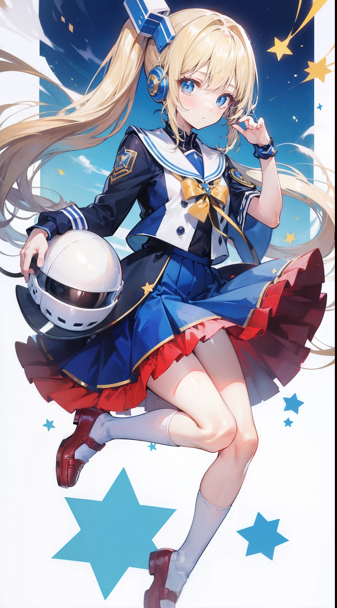 Blonde single ponytail,eBlue eyes,white helmet,There is a blue star on the helmet,Red shoes,Blue and white color matching clothes,best qualtiy,4k画质,Highest image quality