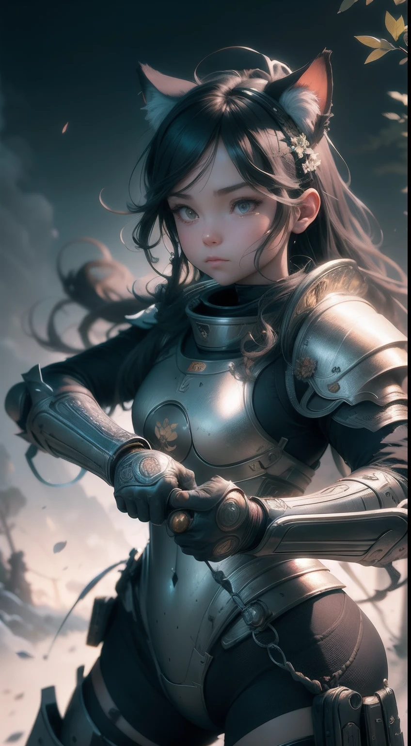 Realistic photo rendering of humanoid kitten with tabby house cat head, Humanoid furry pet cat ronin samurai with sword, Detailed plate armor full body dynamic action shooting, battle stance, wielding slash, Professional majestic oil painting of tall grass with flower pedal background by Ed Brinkie, atey ghailan, by Ghibli Studio, author:Jeremy Mann, Greg Manchess, Antonio Moro, trending on artstationh, trending on CGSociety, Intricate, High detail, Sharp focus, Dramatic, author:Midjourney and Greg Rutkowski, Realism, Beautiful and detailed lighting, Shadows, author:JeremyLipking, author:Antonio J. Manzanedo, author:Frederick Remington, author:Hansen, author:Charles Marion Russell, author:William Herbert Denton