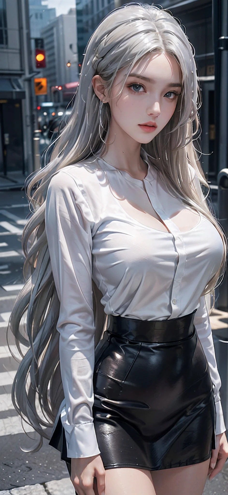 ((Best quality, 8k, Masterpiece :1.1)), Sharp focus :1.2, A Pretty Girl with perfect figure :1.4, Slender abs :1.2, (( wavy blonde hair, silver light hair ,long hair, Big breasts :1.4)), (White tight shirt :1.5), Sshort black skirt (Sultry) ((Aroused: 1.6)), sexy, (detailed face), Open top button shirt: 1.5, Rain :1.5, Street:1.3, Highly detailed face and skin texture, Detailed eyes, Double eyelid, smiling