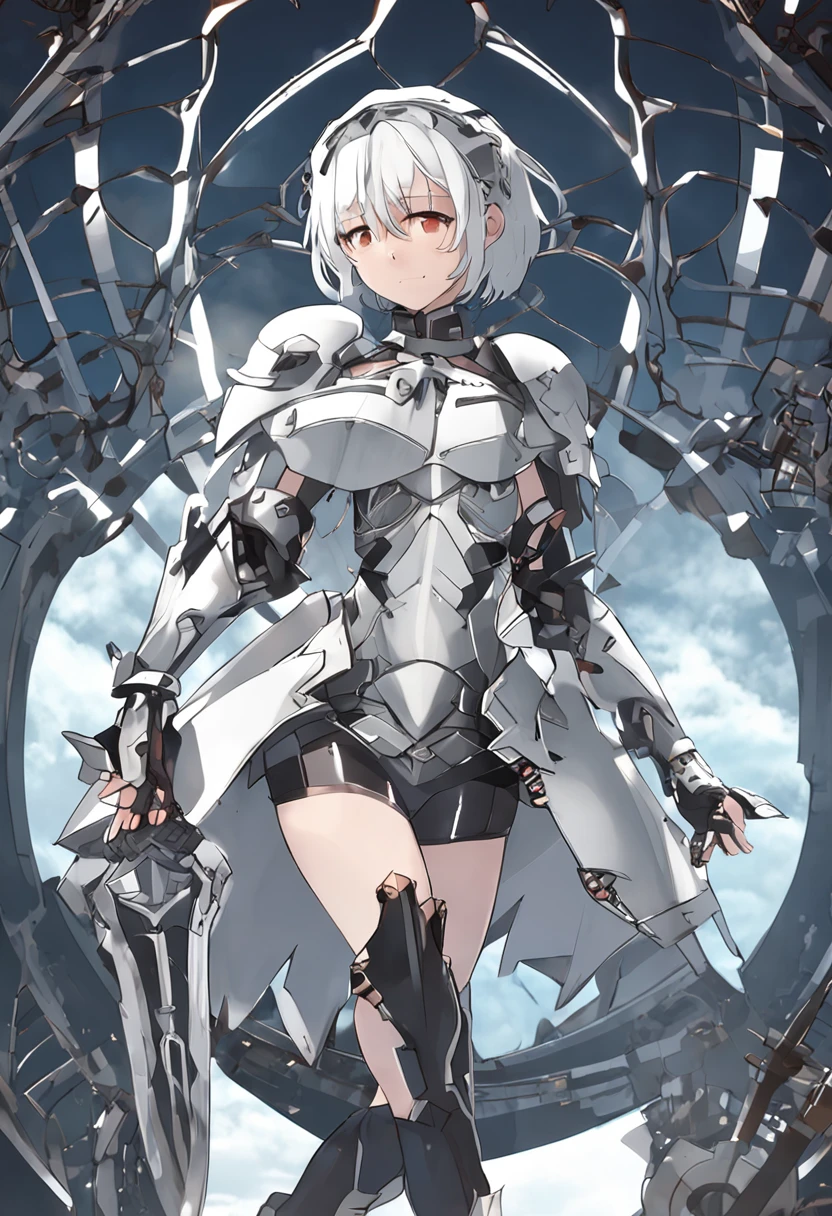 White-haired Height about 110 cm Flat chest Cute young girl Black pupils White metal style dress Exoskeleton armor-like clothes Short hair With black hairpins Each hand holds a rectangular white metal shield The shield is about the size of one person Hands are covered by shields Floating in blue space Masterpiece,best qualtiy,cinematic Film still from,1girl,Cloud Girl,Floating in the sky,closeup cleavage,brightly,cheerfulness,Warm and soft lighting,the sunset,(spark of light:0.7)