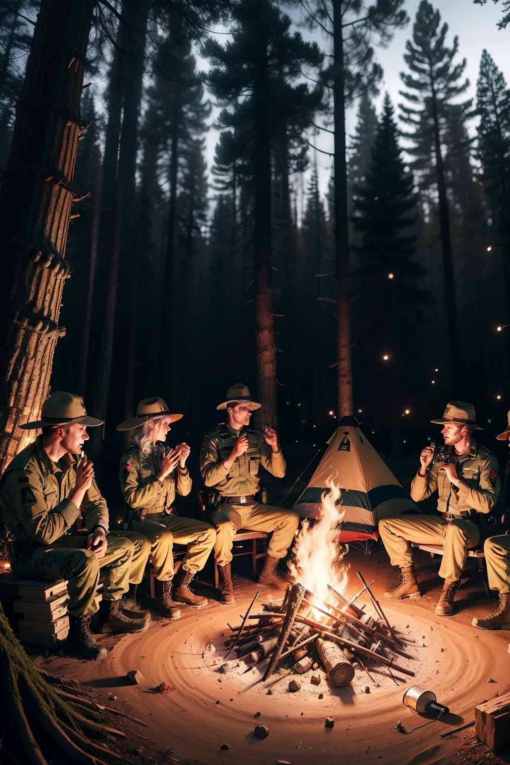A group of soldiers sit around a campfire，Raise both hands, at a campfire in the forest, shutter inventory, at a campfire at night, dancing around a fire, campfires, bonfires, campfire background, istock, warm and joyful atmosphere, camping, campfire in background, Talk around the fire, everyone having fun, Soldiers in military uniform，Equipment with a futuristic sci-fi feel，The tree in the background has a lot of decorated lights and bunting，Thanksgiving vibe