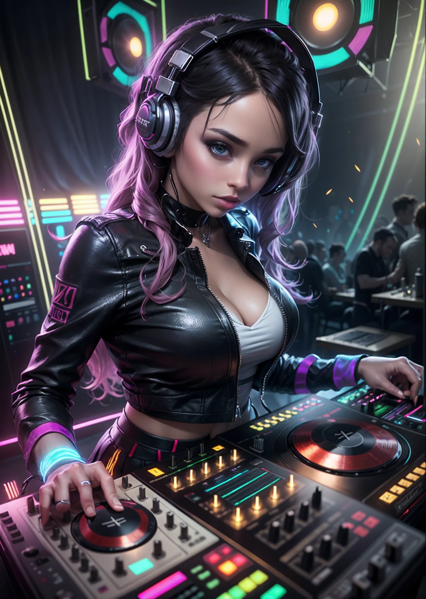 "(((A female DJ)))，(Huge speakers on stage，Color luminescent mixer，Female DJ at work，Serious work，DJing，tuning，)，(Exquisite facial features，big breasts beautiful，adolable，Black leather skirt，Playful accessories，DJ headphones，The headphones glow，Eccentric，vivaciousness，Expressive，Raised sexy)，((Face the dance floor audience below))，Music Clubs，lamplight，night club，Independent cinema，DJ facing the dance floor，LED.Underground banquet hall，Highest quality，Skin texture，Intricate details，(Cinematic lighting)，RAW photo，8K。" Luminous lighting. Vivid colors.