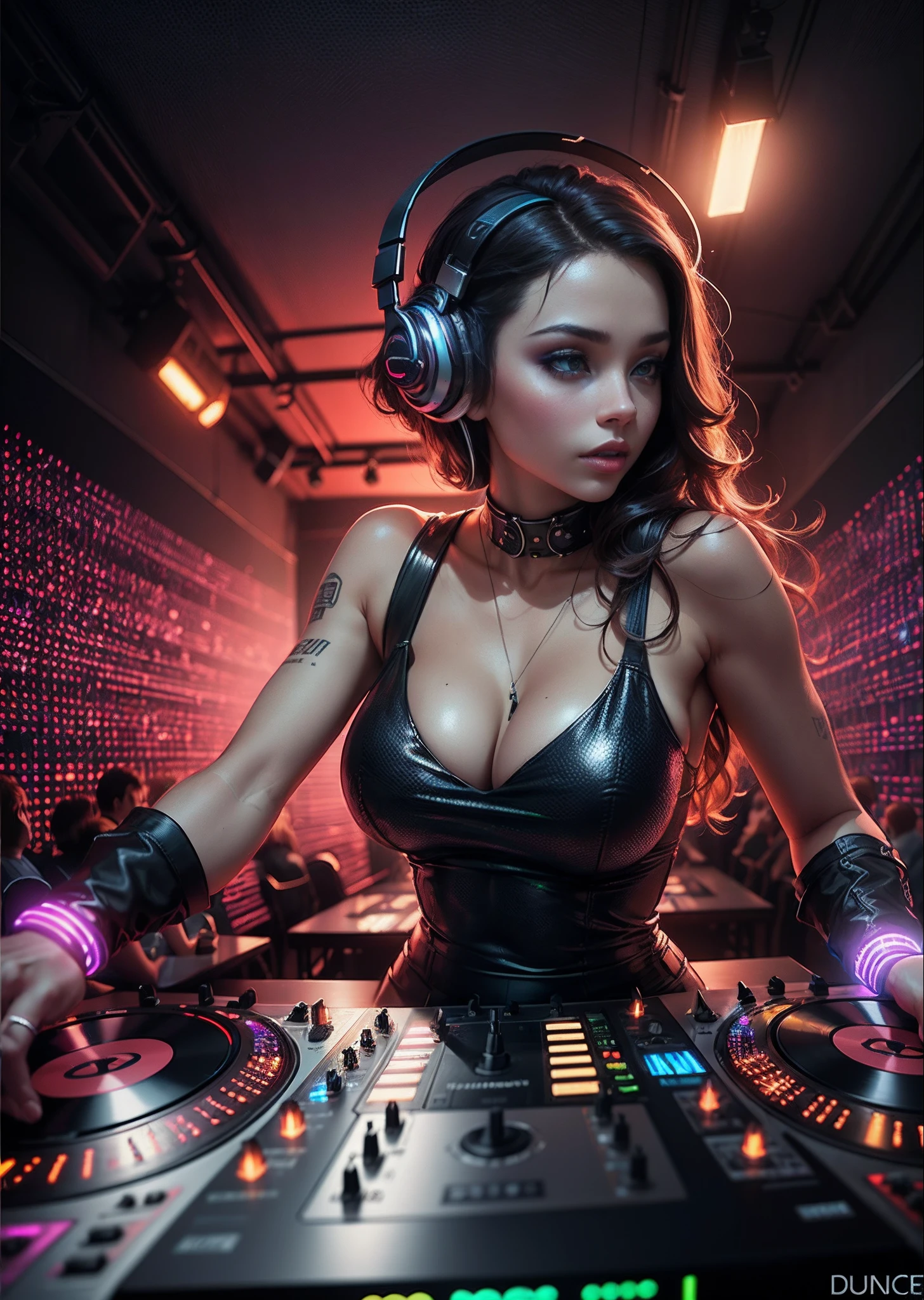 "(((A female DJ)))，(Huge speakers on stage，Color luminescent mixer，Female DJ at work，Serious work，DJing，tuning，)，(Exquisite facial features，big breasts beautiful，adolable，Black leather skirt，Playful accessories，DJ headphones，The headphones glow，Eccentric，vivaciousness，Expressive，Raised sexy)，((Face the dance floor audience below))，Music Clubs，lamplight，night club，Independent cinema，DJ facing the dance floor，LED.Underground banquet hall，Highest quality，Skin texture，Intricate details，(Cinematic lighting)，RAW photo，8K。" Luminous lighting. Vivid colors.