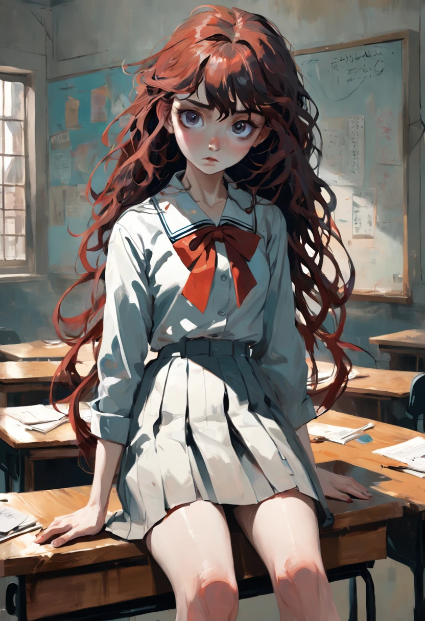 Beautiful girl. curly long hair. School uniform.Surrealism. Tim Burton. In the style of Adrian Ghenie, Esao Andrews, Jenny Saville, Edward Hopper. The look of the 50s advertising