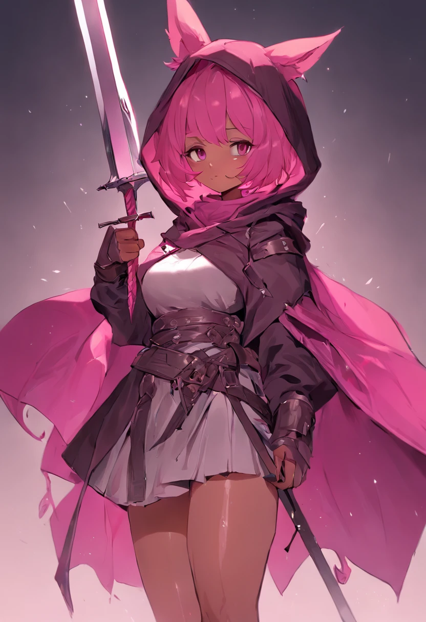 Brown-skinned girl. Her figure, Busty, Curvy, The right direction, Bunny ears, Cat tail, Magenta hair color, Deep magenta eyes, Brown skin, Sword in hand, A large ragged cloth like a cloak was wrapped around the waist, chest plate, long gloves, Black long-sleeved shirt under armor, chest plate, Hoodie, Properly drawn sword, long sword, A cloth is wrapped around the waist, Properly drawn sword in hand, Cat ears, Cat tail digital painting, Digital illustration, Extreme detail, Digital art, Knight armor, Loose puff pants, Metal shoes, fully armoured. A cloth is wrapped around the waist. Holding a sword in hand.