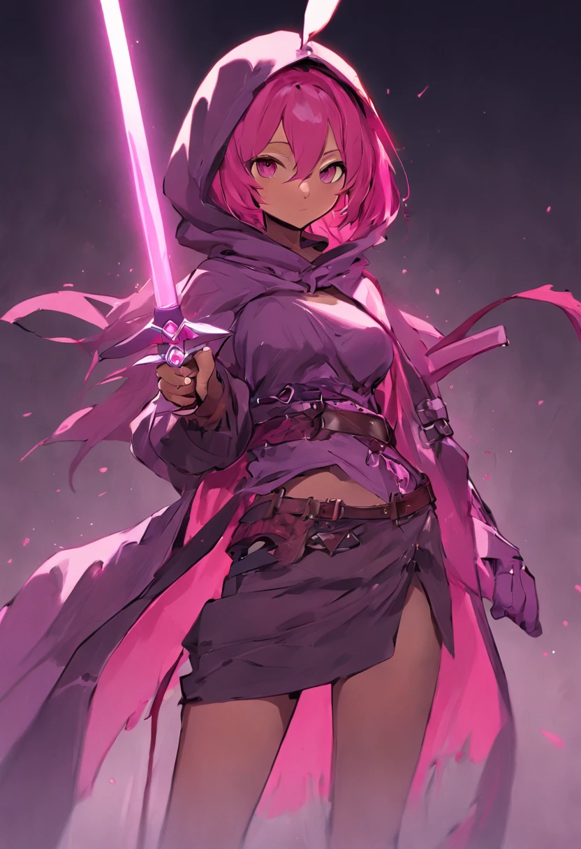 Brown-skinned girl. Her figure, Busty, Curvy, The right direction, Bunny ears, Cat tail, Magenta hair color, Deep magenta eyes, Brown skin, Sword in hand, A large ragged cloth like a cloak was wrapped around the waist, chest plate, long gloves, Black long-sleeved shirt under armor, chest plate, Hoodie, Properly drawn sword, long sword, A cloth is wrapped around the waist, Properly drawn sword in hand, Cat ears, Cat tail digital painting, Digital illustration, Extreme detail, Digital art, Knight armor, Loose puff pants, Metal shoes, fully armoured. A cloth is wrapped around the waist. Holding a sword in hand.