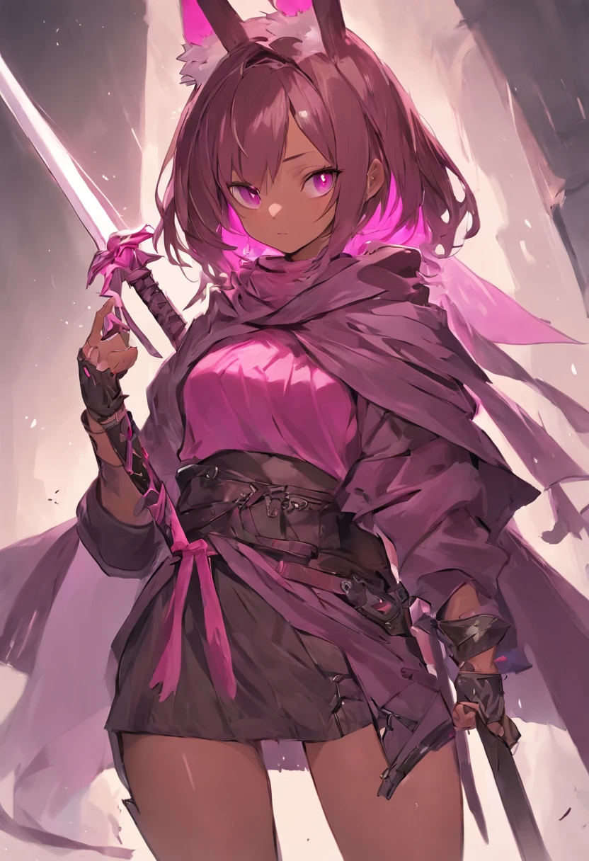 Brown-skinned girl. Her figure, Busty, Curvy, The right direction, Bunny ears, Cat tail, Magenta hair color, Deep magenta eyes, Brown skin, Sword in hand, A large ragged cloth like a cloak was wrapped around the waist, chest plate, long gloves, Black long-sleeved shirt under armor, chest plate, Hoodie, Properly drawn sword, long sword, A cloth is wrapped around the waist, Properly drawn sword in hand, Cat ears, Cat tail digital painting, Digital illustration, Extreme detail, Digital art, Knight armor, Loose puff pants, Metal shoes, fully armoured. A cloth is wrapped around the waist. Holding a sword in hand.