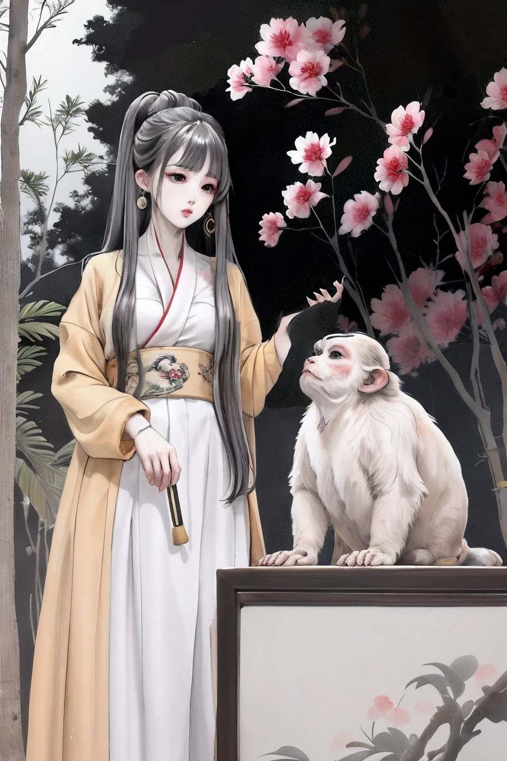 Painting a yellow monkey dressed in a Confucian costume sitting under a peach tree, Shangri-La ， A white ape dressed in a big red dress lies on a tree drinking,  Peach tree, Beautiful rendering of the Tang Dynasty, , Guviz, Inspired by Lan Ying, Chinese Ancient Times, Chinese fantasy, 🌺 CGSesociety, xianxia fantasy,  White Hanfu