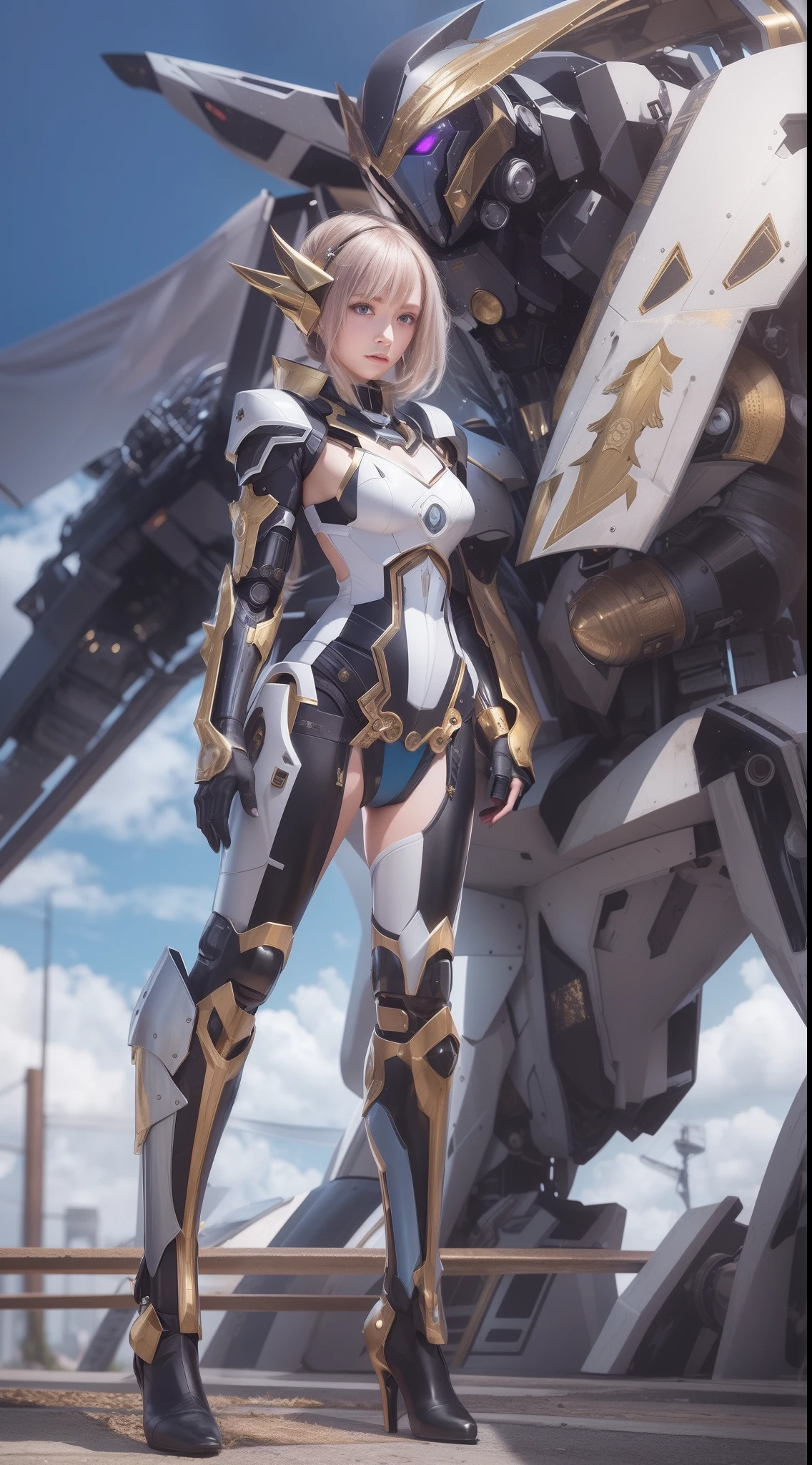 Elegant Girl, One Mecha Girl, Full Body Portrait, Humanoid Knight Mecha, Dark, Si-Fi, post apocalype, Sky Blue Eyes, Acient Knight style Mecha, Extreme Detailed, Realistic, Black and Gold, beautiful Leg, human skin legs