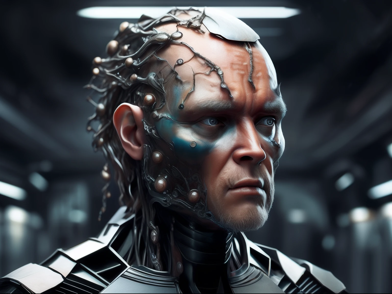 Un primer plano de un (ciborg ), Render biomecánico, Still from a film by Ridley Scott, Corte de pelo humanoide bot detallado, Estilo de WLOP, ciborgdingal, 2 0 1 6 6 corte de pelo, Editorial de la Enciclopedia, alrededor
