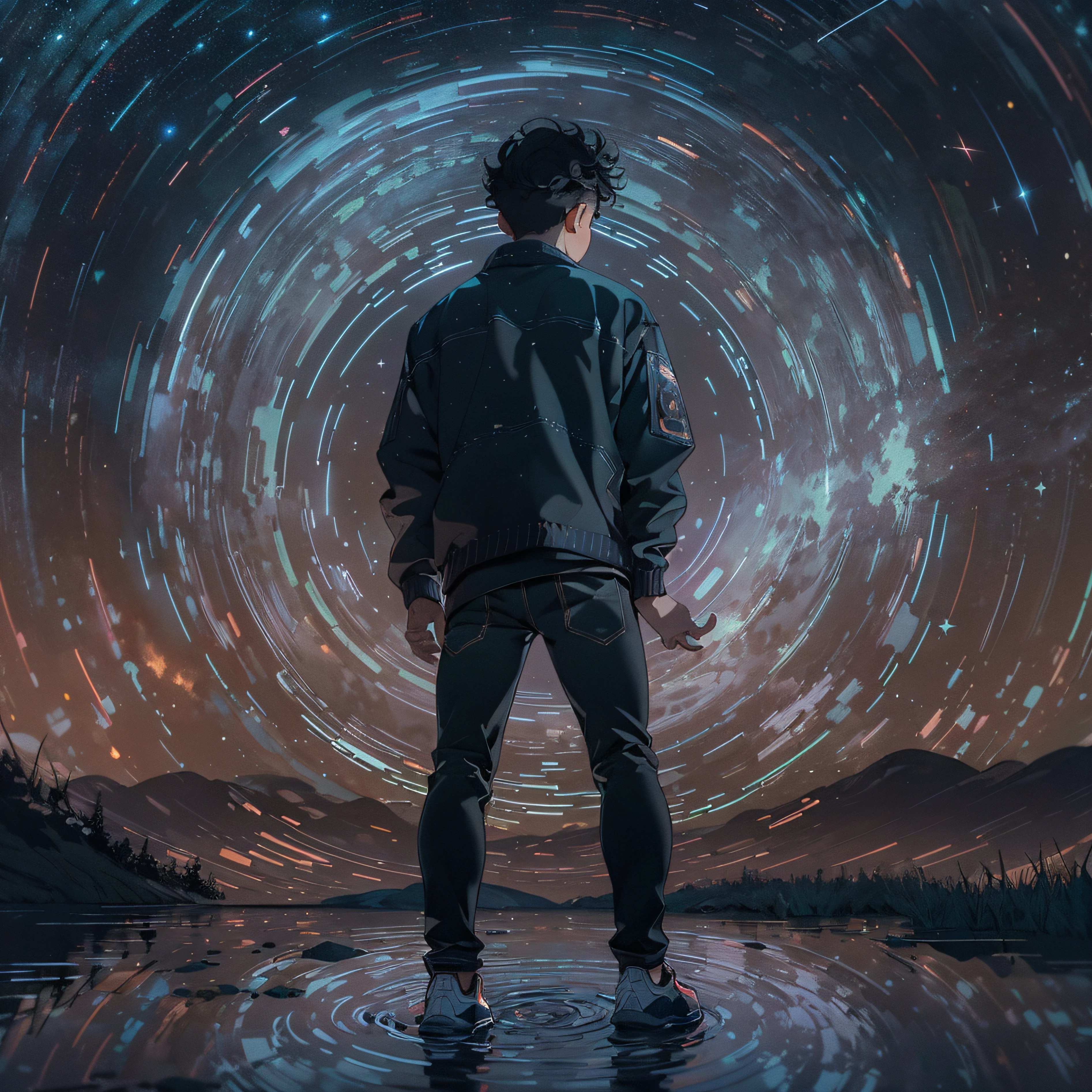 ((Best Quality, 8K, Masterpiece: 1.5)), landscape, wide, morning shoot, star trail, slow speed, standing young man with black hair, black jeans, look at the stars, amazing scenery, hundreds of stars forming a circle, light waves, in the center of cyborg city, magic in hands, reflection, eye catching.