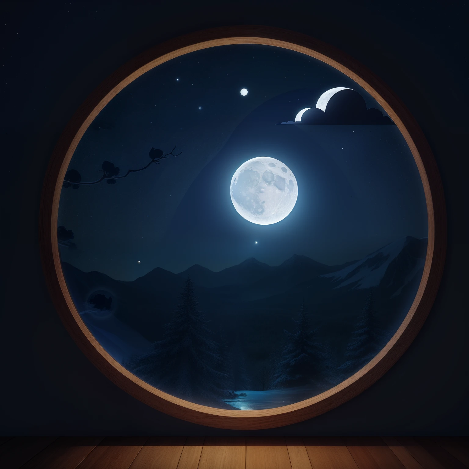 There is a window,You can see the mountains and the moon, calm evening. Digital illustration, moon light fish eye illustrator, moonlit starry sky environment, moon light in the top background, window to night time, Moonlight background, moonlit night dreamy atmosphere, rays of moonlight, beautiful moonlight night, nighttime moonlit, Moon light, Open the window at night, cozy home background