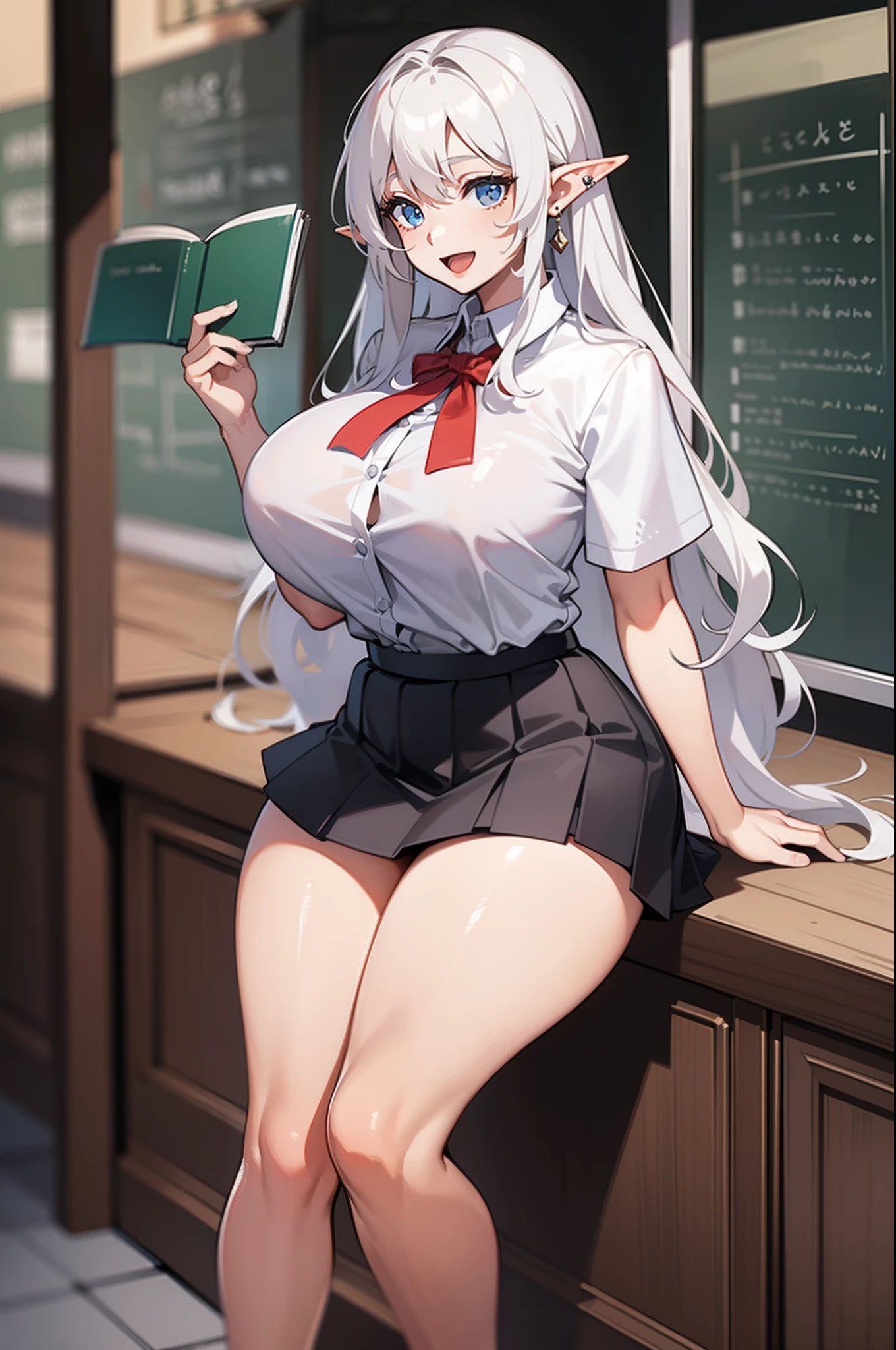 masterpiece, best quality, finely detailed, high resolution, extremely delicate and beautiful, 1girl, huge breasts, thickthighs, white hair, long hair, hair behind ear, school uniform, full body, elf, :d, skirt