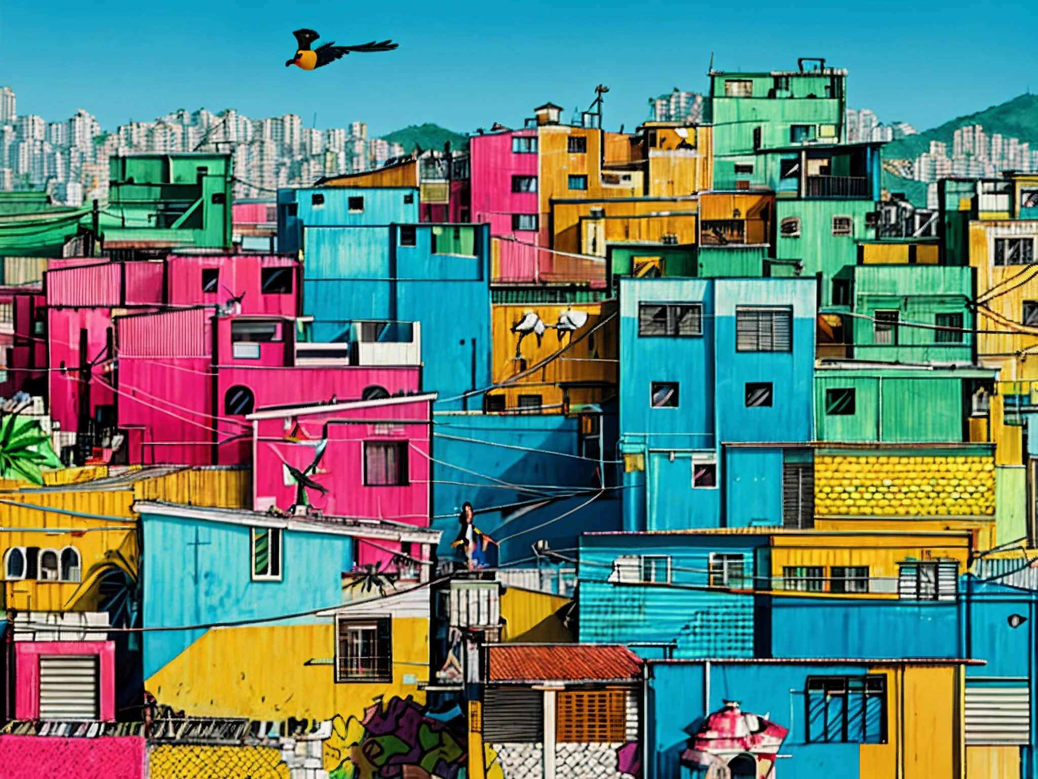 Illustration of a colorful city with a lot of buildings and a flying bird, favela futurista, background is a slum, um ambiente de favela opulento, favela, favelas, Location ( favela ), Directed by: Manolo Millares, Location ( favela _ PAREDE ), Directed by: Federico Uribe, brightly colored buildings, favelas