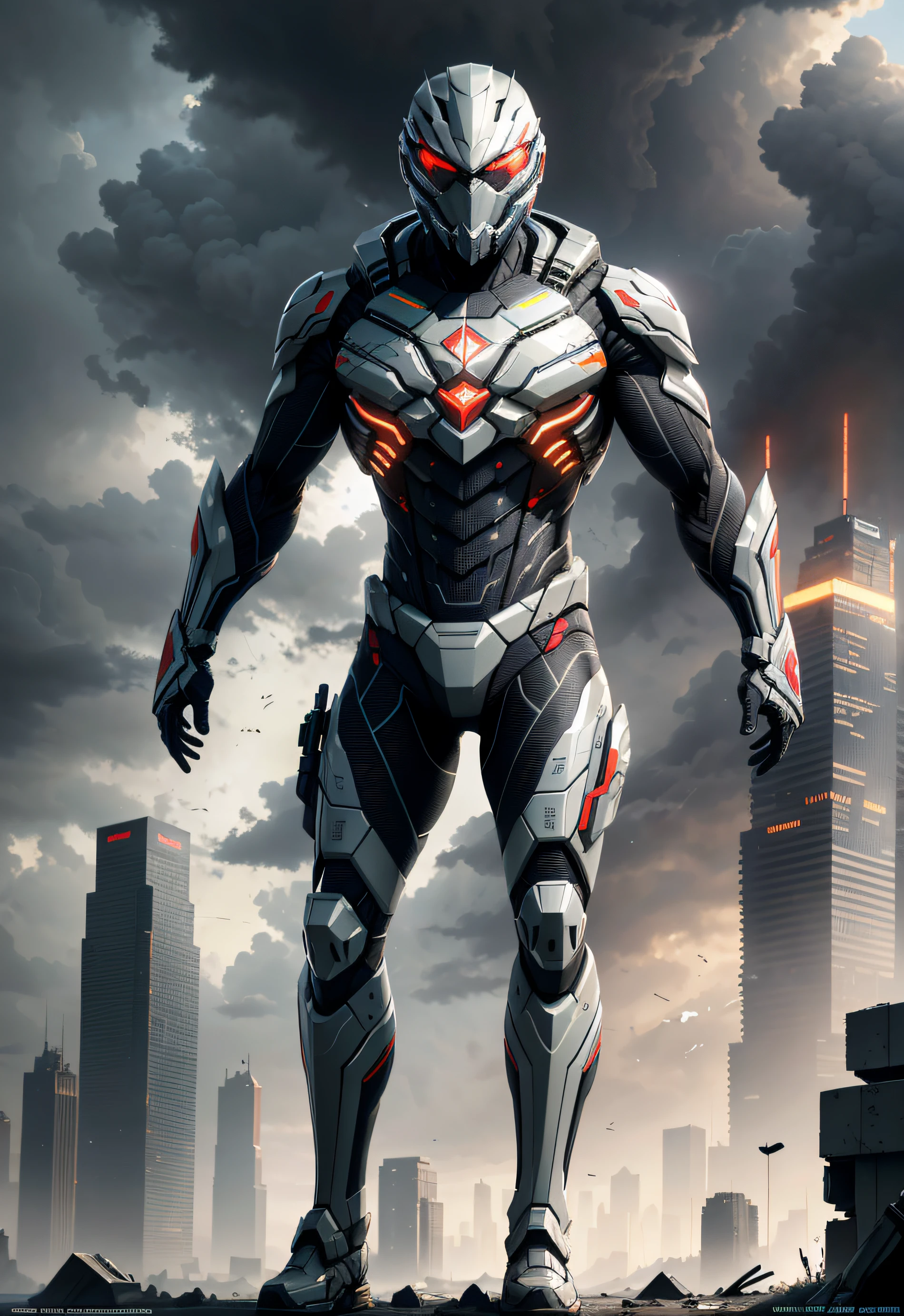 Theme from the game Crysis 2, Man in Nanosuit 2.0 Crysis, Crysis 2 style, Nanosuit 2.0, Crysis 2, Tall, muscular man, Post-apocalyptic theme, stormy skies, (in full height), High Resolution, ombre, Absurd, Best_Quality, ultra_Detailed, 8K, extremely_Clear, ultra_Clear, Photos, beautiody, sharp-focus, HDR, Masterpiece, Ultra Detailed, Author's art,