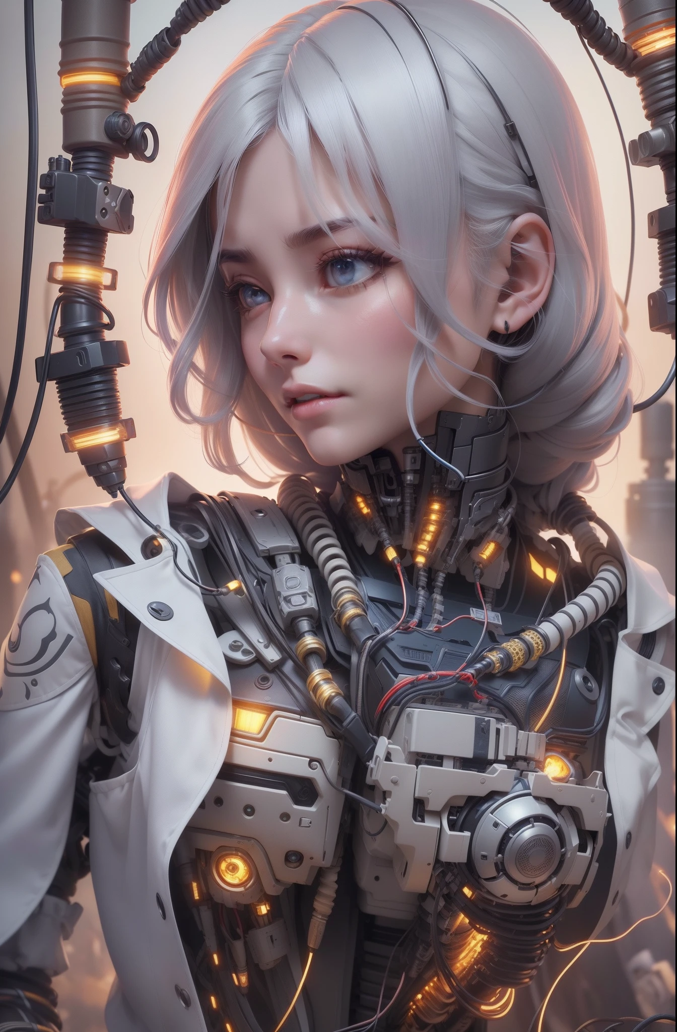 (((Perfect face)))((Cowboy shot)), (((Masterpiece))), (((Best quality))), ((Ultra-detailed)), (Highly detailed CG illustration), ((An extremely delicate and beautiful)),((Chest covering)), Cinematic light,(((1机械女孩))),Solo,((The upper body is suspended with wires)),((Suspended with wires and tubes)), (machine made joints:1.2),((Mechanical limb)),(blood vessels attached to the tube),(Mechanical vertebrae attached to the back),((mechanical cervial attaching to neck)),(Sitting),Expressionless, (Chest covering), (wires and cables attaching to neck:1.2),(wires and cables on head:1.2),(Character focus),Science fiction, extreme detailed details, Colorful, highest details