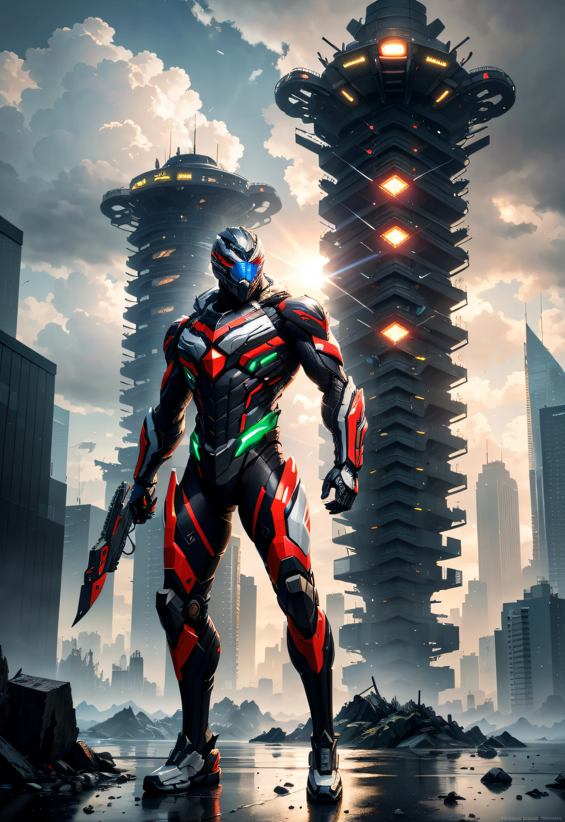 Theme from the game Crysis 2, Man in Nanosuit 2.0 Crysis, Crysis 2 style, Nanosuit 2.0, Crysis 2, Tall, muscular man, Post-apocalyptic theme, stormy skies, (in full height), High Resolution, ombre, Absurd, Best_Quality, ultra_Detailed, 8K, extremely_Clear, ultra_Clear, Photos, beautiody, sharp-focus, HDR, Masterpiece, Ultra Detailed, Author's art,