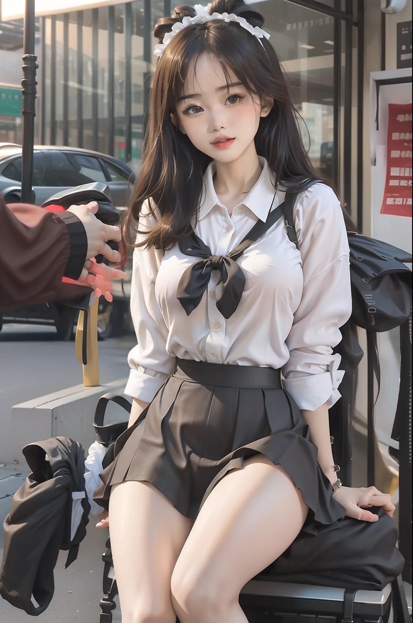 Ultra-realistic 8K CG，s the perfect face，flawless perfection，tmasterpiece，professionalartwork，famousartwork，s the perfect face，beauitful face，beautidful eyes，（（Perfect female body）），独奏，（immersiveatmosphere，lightand shade contrast：1.5，Bright light:1.2,lumnious),(Blushlush:0.5),Enchanting expression,Ultimate detail_The eye,thick thight,huge tit，Exquisite background,depth of fields,photorealestic:1.3,Faraway view,1girll,The shirt,pleatedskirt,school uniform，Sit Pose，full bodyesbian，（ambient lights：1.3），（cinematic compositions：1.3），（neonlight：0.1），（hdr：0.1），emphasis lighting，long leges，upper legs，Nice smooth thighs，Smooth skin，Silky