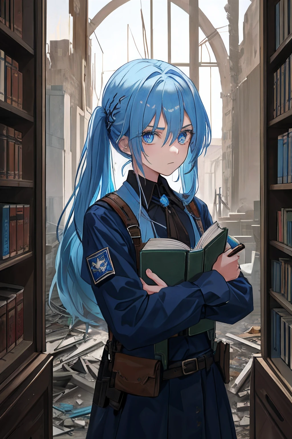 1girll, Blue hair, Blue eyes, (cowboys_shot:1.2), Face Focus, Long hair, side locks, Scared,(terrorism:1.1) expression, Embracing a book、Mysterious lighting, Moody, darkness, In an old museum in ruins, Clear glass display case full of funny items, dusty, Post-apocalypse, Cobweb, masterfully, Beautiful 8K wallpapers, Extremely detailed, Convoluted