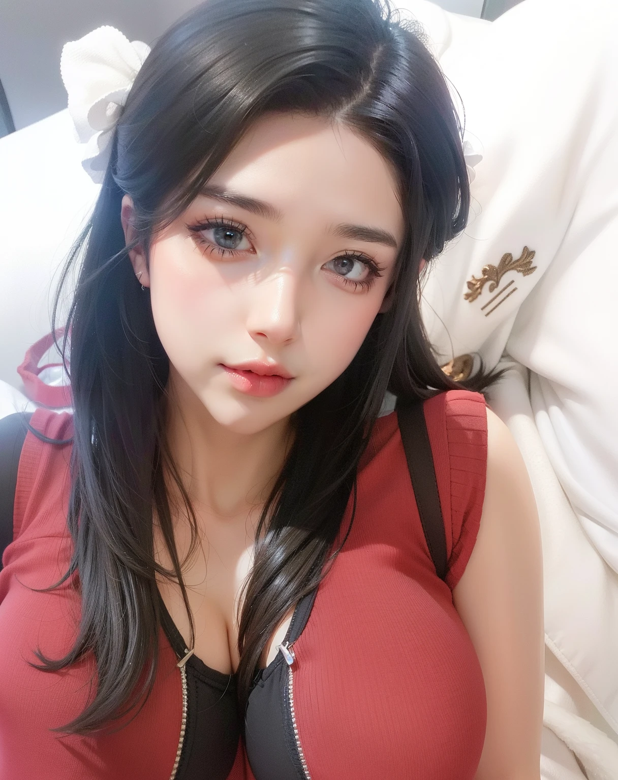 (Big C breast: 1.3), sexy breast, big cleavage, (wearing low neck tanktop: 1.3), (tanktop with open front), open clothes, sexy bra, real skin, realistic skin, real breast, realistic breast, detailed skin features, detailed clothes features, body proportions, voluptious body, real face, detailed facial features, beautiful eyes, bright silver eyes, detailed eyes, parted lips, gloss on lips, detailed face and breast, best quality, masterpiece, 8k, ultra-detailed