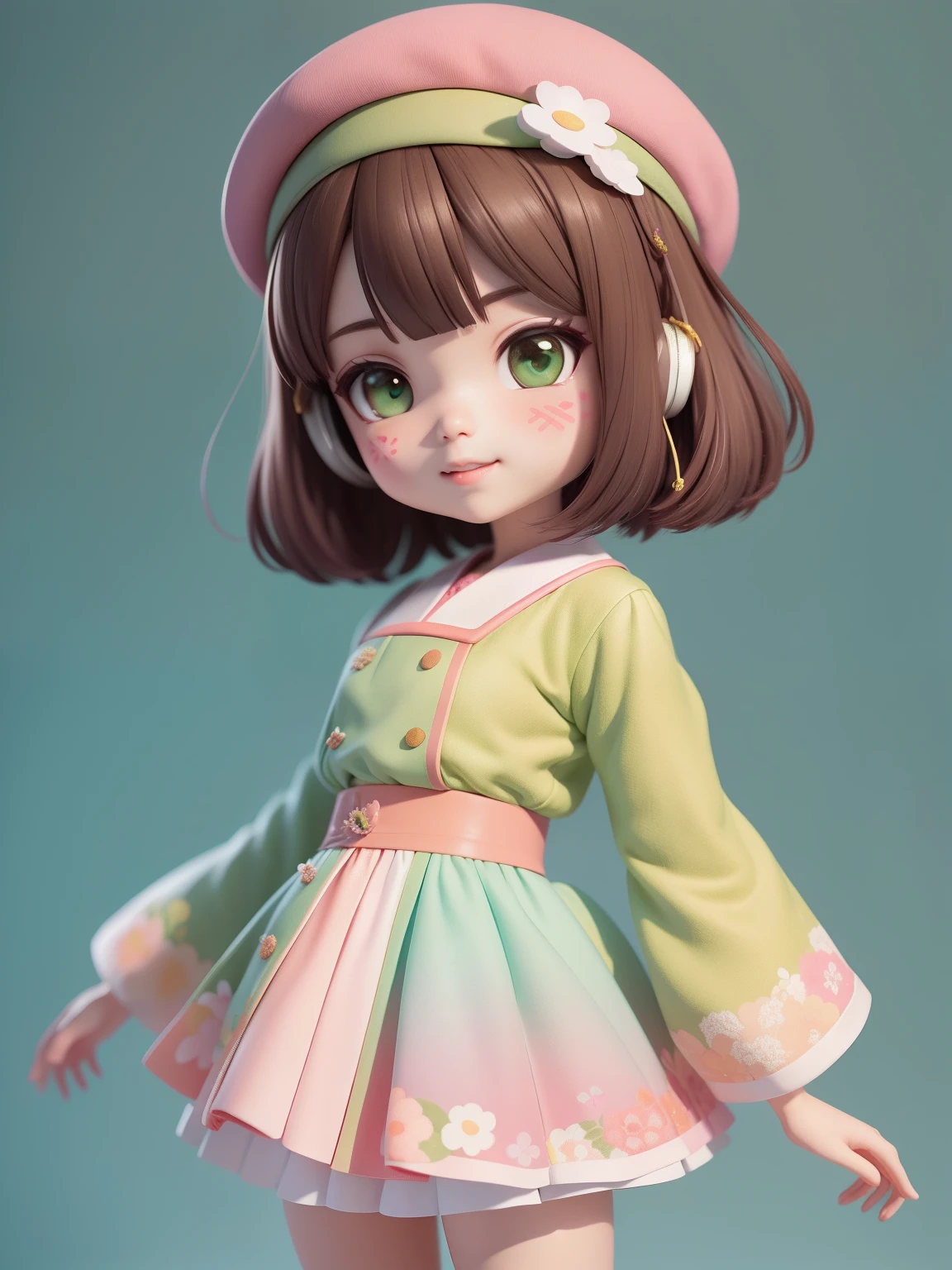 (Daisaku),(Need),(Super meticulous),(full bodyesbian:1.2),1girl,tchibi,adolable,ssmile,Open-mouthed,florals,white backgrounid,beret,shift dresses,short  skirt,Blushlush,The shirt,short detailed hair,green headwear,Blurred,A brown-haired,Blush stickers,longer sleeves,By bangs,Earphone,brunette color hair,pinkflower,(beautiful  detailed face),(美丽细致的眼睛),