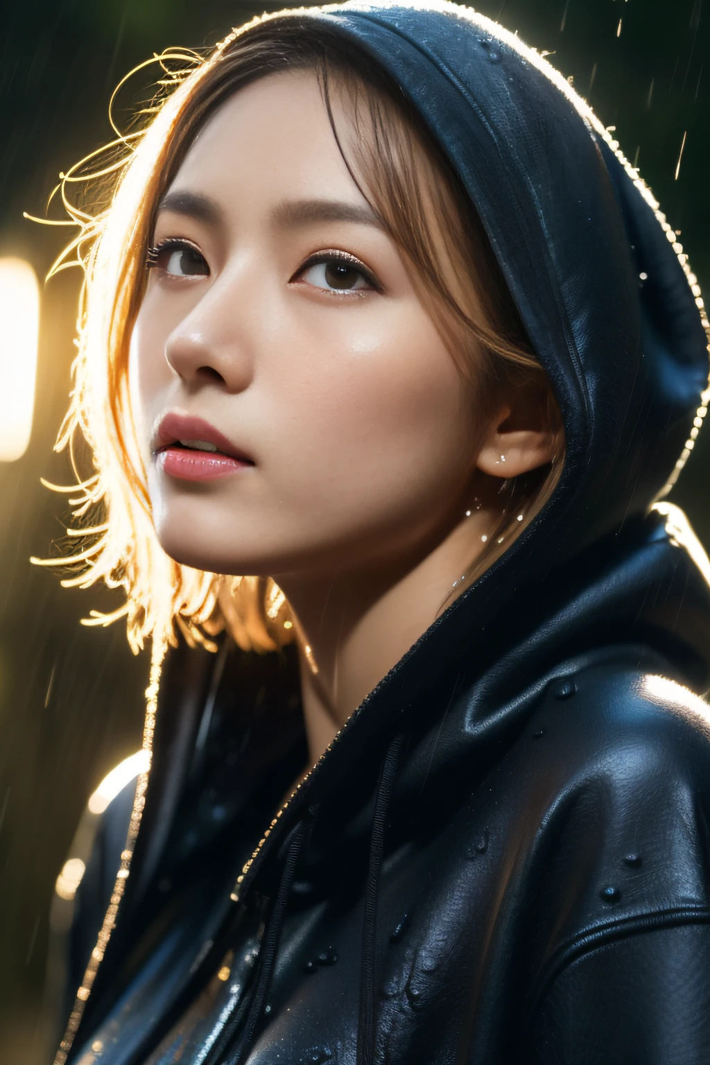 best quality, ultra high res, (photo realistic:1.4), (Japanese famous actress:1.2), very beautiful, kawaii, professional photograph, an extremely delicate and beautiful, extremely detailed, extremely detailed beautiful girl, extremely detailed face, extremely detailed eyes, extremely detailed skin, extremely detailed nose, extremely detailed mouth, perfect anatomy, fair skin, shiny skin, (blond hair:1.2), (very short hair:1.2), (tanned skin:1.5), black gal, dynamic lighting, (Wet Rain, Wet Body Wet face: 1.5), hoodie, (hard rain:1.4), backlight, (mist water), (splashing:1.3), (hood up1.2), face closeup, (side view), (looking up),