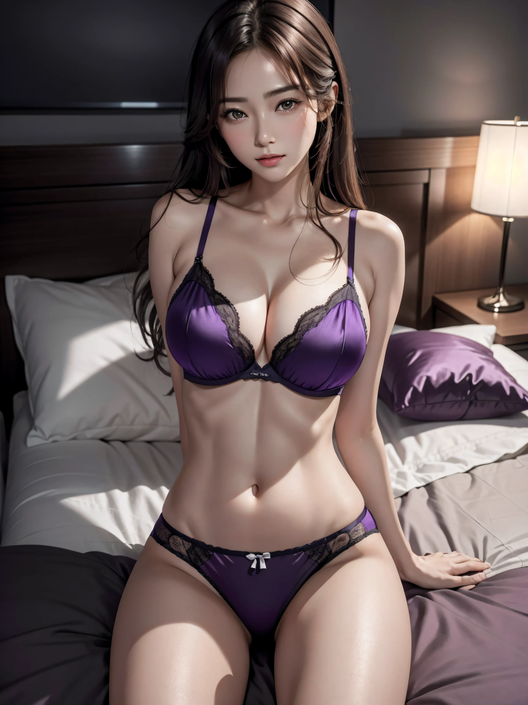 photorealistic, masterpiece, best quality, raw photo, from above, upper body, bust-up, night situation,
BREAK,
1girl, biggest breasts, medium-length hair, brown hair, (extremely pretty and beautiful Japanese actress face:1.3, Korean actress face:1.3, beautiful clean face),
BREAK,
dark-purple luxury silk bra, dark-purple luxury silk panty,
BREAK,
looking at viewer, spread legs, hands between legs, attractive emotion, on bed, cinematic lighting, at night, in the dark, deep shadow, at night, natural shading, low key, intricate detail, detailed skin, pore, highres, hdr, 4k, realistic,