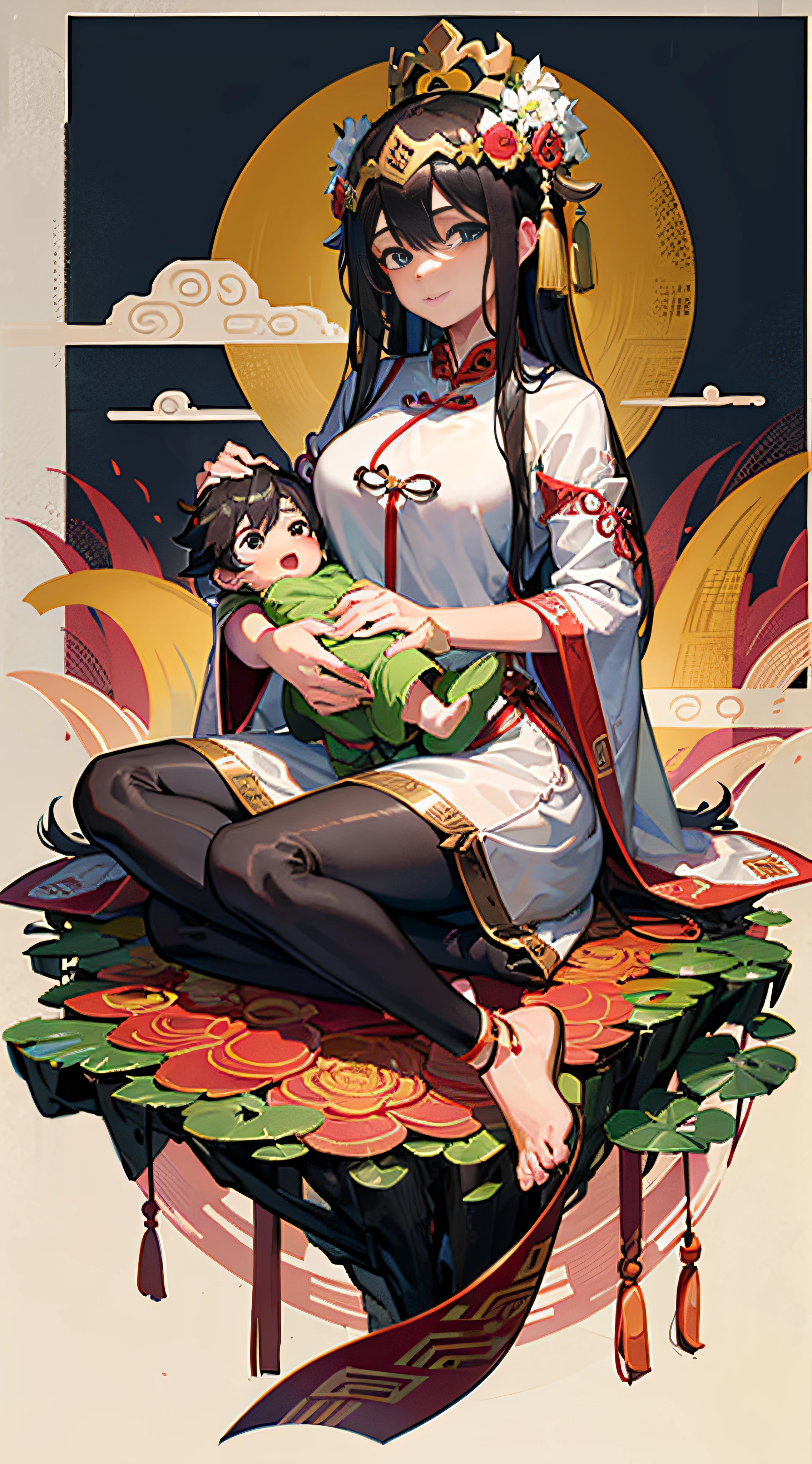 Chinese historical drama style A beautiful royal woman giving her all in childbirth. A black-haired Chinese queen in cheongsam. She gives birth in an old Chinese maternity hospital. She is giving birth on a shiny floral futon, her legs spread wide, exposing her genitals and gasping in agony. She is going to give birth