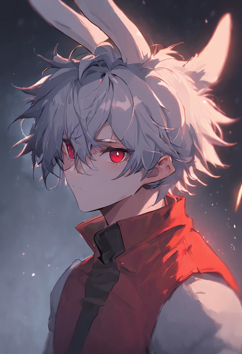 4K, high resolution, Best quality, Masterpiece, perfect colors, perfectly shaded, Perfect lighting, posted on e621, (by Chunie), Furry, anthro, Furry art,  Male rabbits, Rabbit ears，Two-tone leather，Silvery hair，hairy bodies, Red eyes, Perfect male bodyPerfect male figure, Wear men's shorts,Abs，musculature,Detailed fur, Detailed face, Perfect face, (The stands up), Detailed background, ((Bonifasko lighting)), coda, (Detailed eyes), perfect pupils