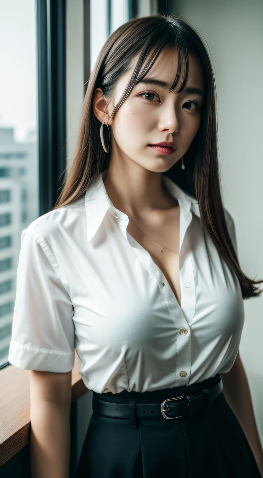 Boob emphasis,⦅Open cleavage⦆,⦅Breast drooping pose⦆、((huge-breasted:1.4)),Looking at me on my desk in an office in a high-rise building、 Dark blue tight skirt, The skirt is flipped up,Sweaty big、 Black Lace T-Back Panties, Open white Y-shirt、(Best Quality,At 8K,nffsw:1.2),(cute Japanese girls),(Huge breasts:1.25),(Collared shirt)、(masterpiece、top-quality) 、For clear images、Strong sunshine、absolutely outstanding image, very extremely beautiful、masterpiece, top-quality,a picture, kawaii、(Colossal tits:1.2)、((20 year old woman:1.ung adorable Japan face, dewy skin, close up of face,Soft portrait shots,in 8K