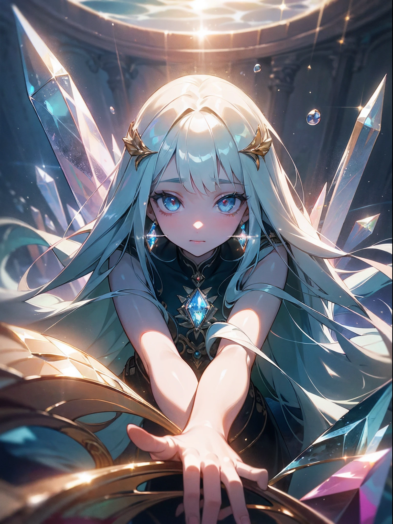 (best quality,ultra-detailed,an extremely delicate and beautiful,perfect detailed CG),(1girl solo),(cinematic angle,detailed beautiful eyes),(oil painting),Art Nouveau,(best quality,ultra-detailed,shiny,detailed long shiny hair,Detailed beautiful eyes,look at away,dynamic angle,(Mineralization girl,girl in the aquarium Specimen),(crystal body girl,perfect symmetrical pretty face,multicolored gradation eyes and clear skin and multicolored asymmetry bang hair),(many jewelry and particles:1.3),(beautiful landscape, magnificent view,scenery ,8k),(dreamy fragile glass work,water color of Excellent professional digitalart,random pale crystal extremely detailed, cinematic lighting, dimensional shadlng, backscatter, depth of field, natural lighting),