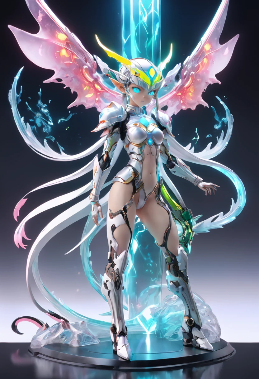 chinesedragon, (Blind box toy style:1.2), (Full body shot) , 1 Transparent adult female elf,Behind her is 2 transparent Chinese dragon, Transparent mech, Exquisite helmet:1.2, Luminous goggles:1.2, Cyberpunk, dreamy glow, luminous neon lights, Clean, White background, ( Global illumination, Ray traching, hdr, unreal render,reasonable design, high detal, Masterpiece, Best quality, hyper HD, Cinematic lighting)