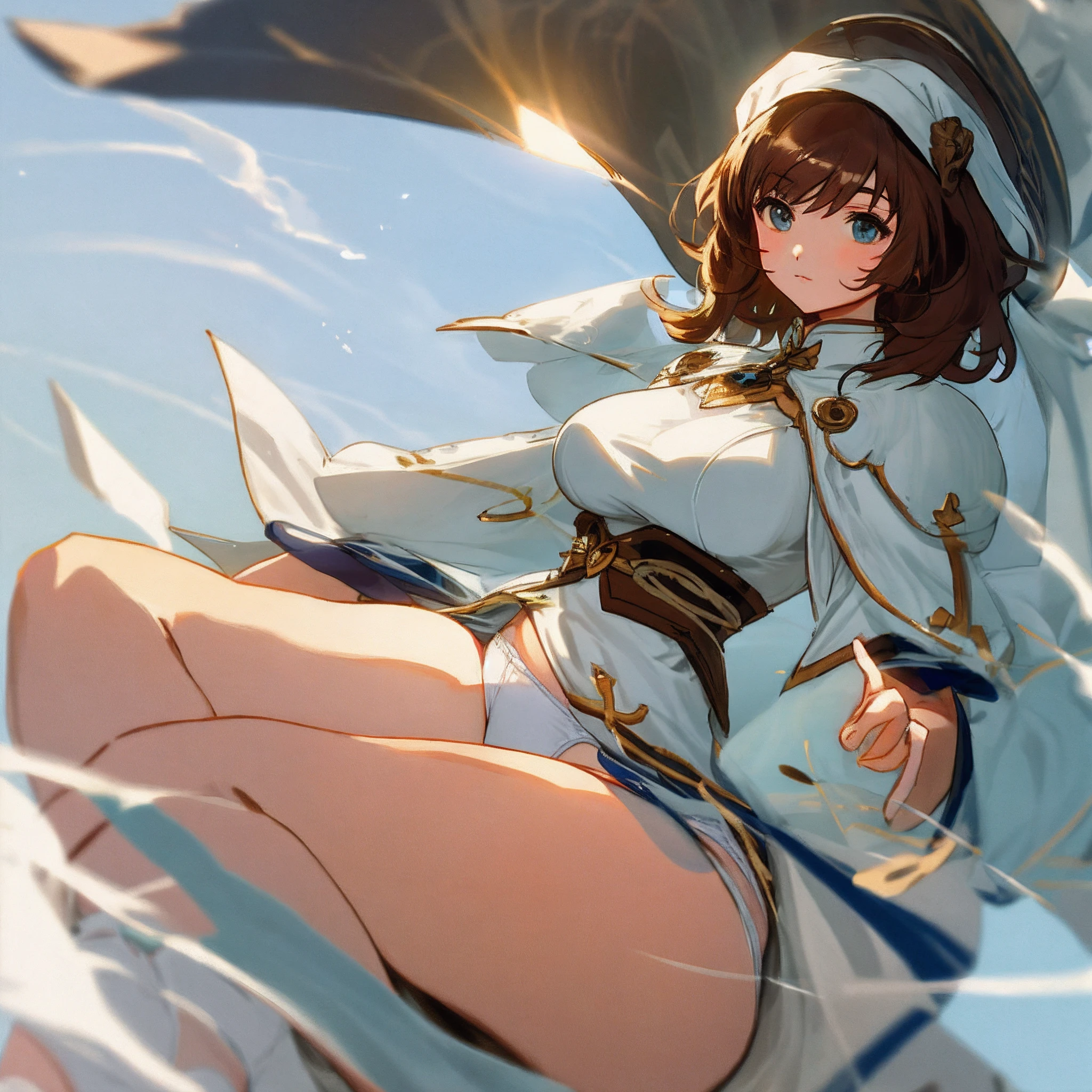 White panties, medium hair, large breasts, long thighs
