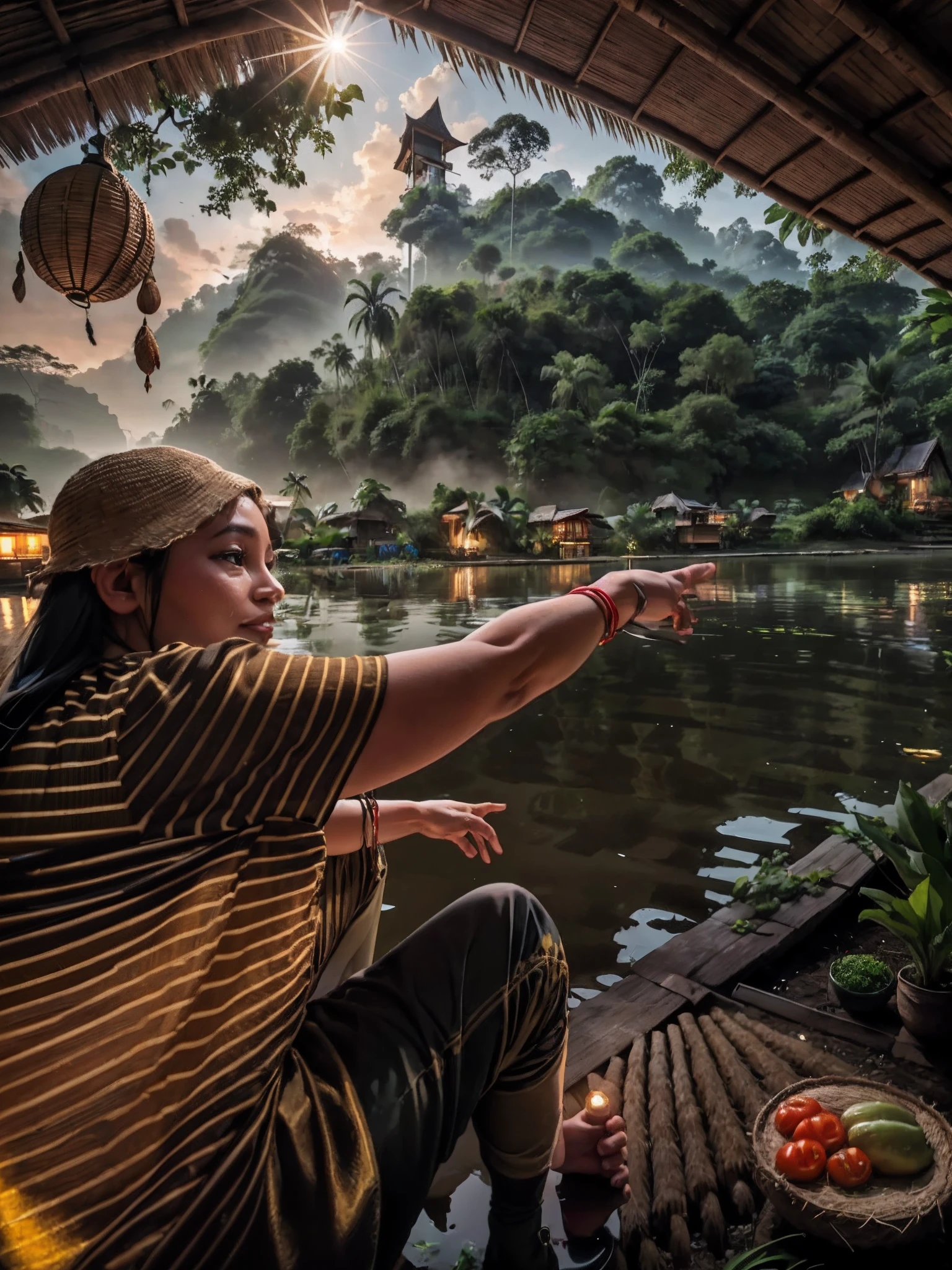 outdoortropicalhouse  little house  on riverside, path wooden, garden, rice field, gold fish, coconut tree, solar panel, dawn, chicken, tomato, tropical, dim light,