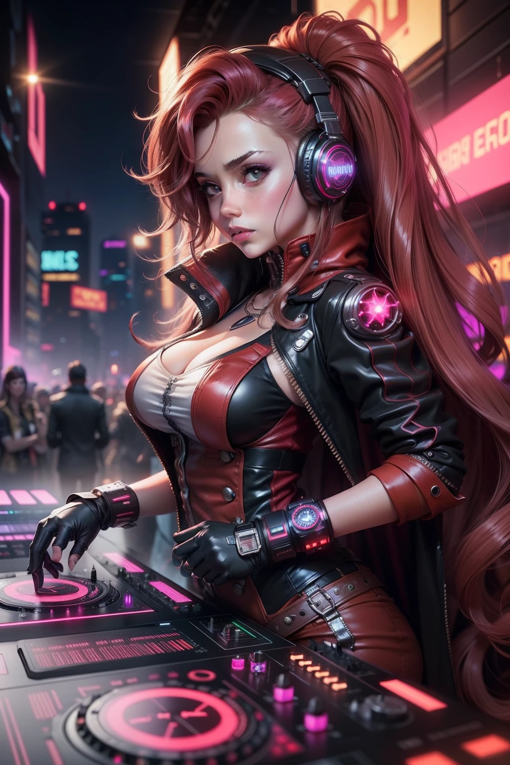 Best quality, high-res photo, cyber-steampunk style Scarlet Witch DJ in the night club, high-detailed, plays DJ instrument so passionly, cyber-steampunk style, chibi, DJ instrument, gears panels, DJ headphone , crowd background, neon sparks, leds, sparkling, 3d style,chibi,cyberpunk style