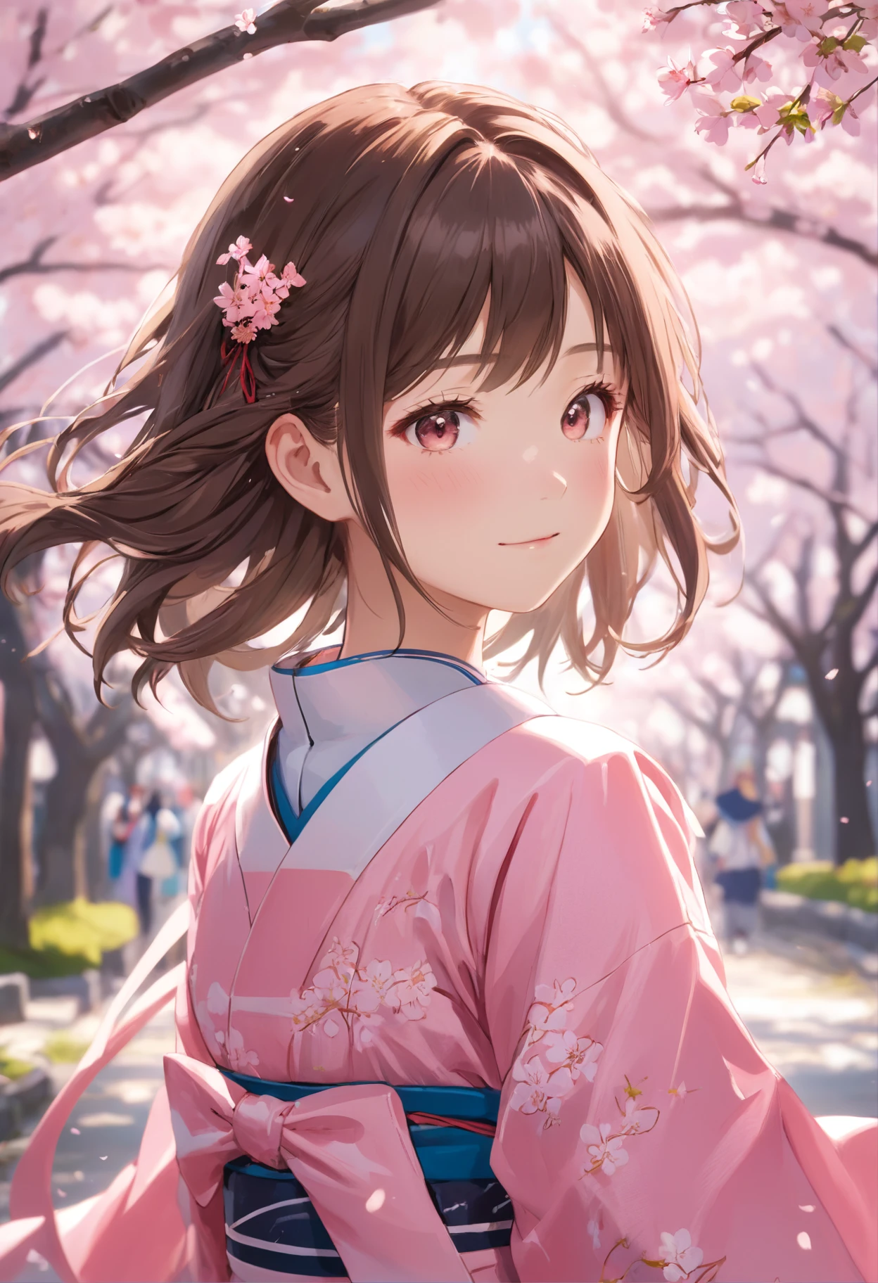 A girl in a pink kimono is standing under a cherry tree - SeaArt AI