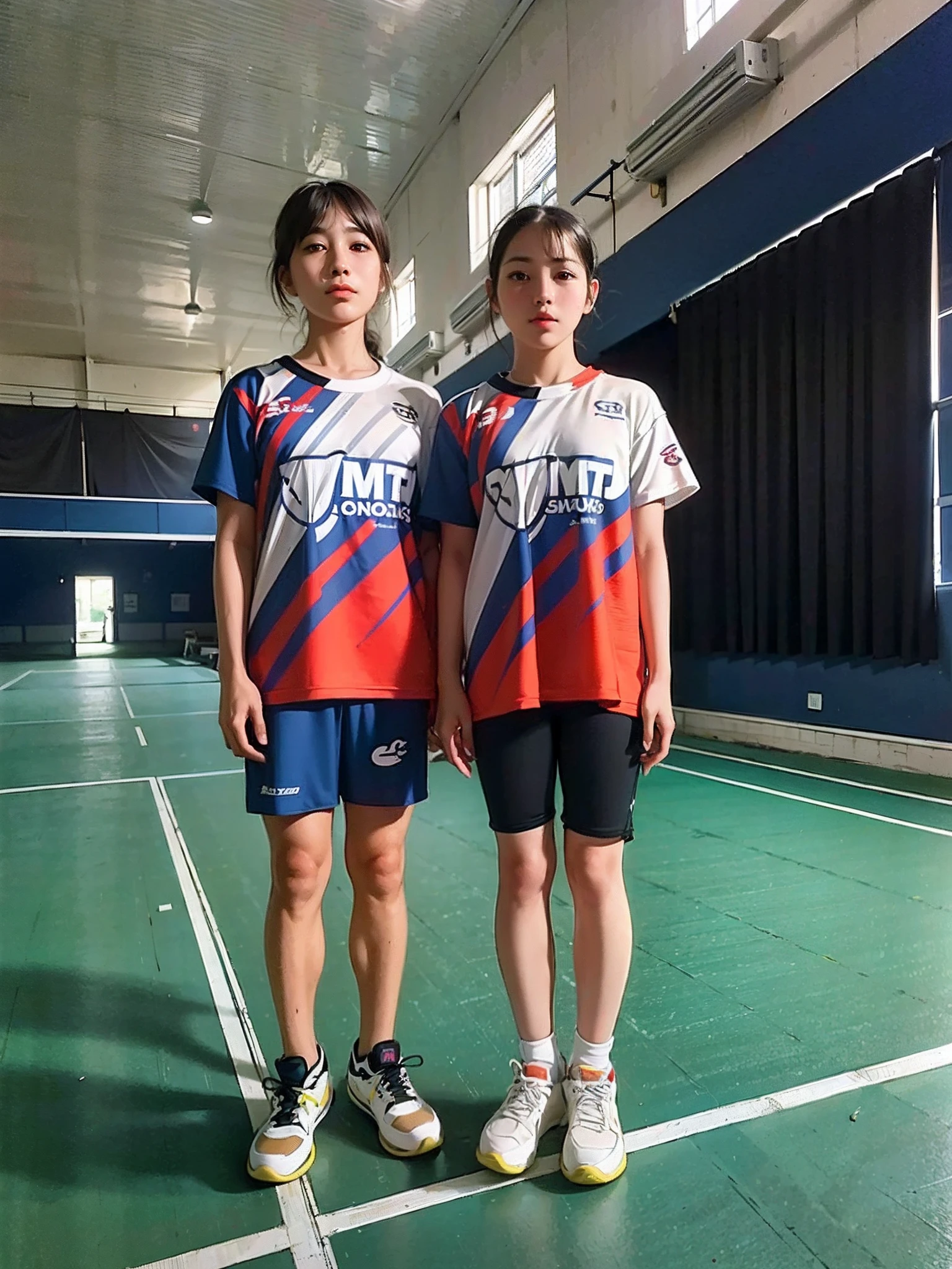 two young girls standing on a tennis court holding tennis racquets, badminton, ruan jia and fenghua zhong, huang yuxing and aya takano, wearing a volleyball jersey, portrait n - 9, yoshitomo nara and aya takano, wide portrait, jinyiwei, wenfei ye, two japanese girls posing, indoor shot
