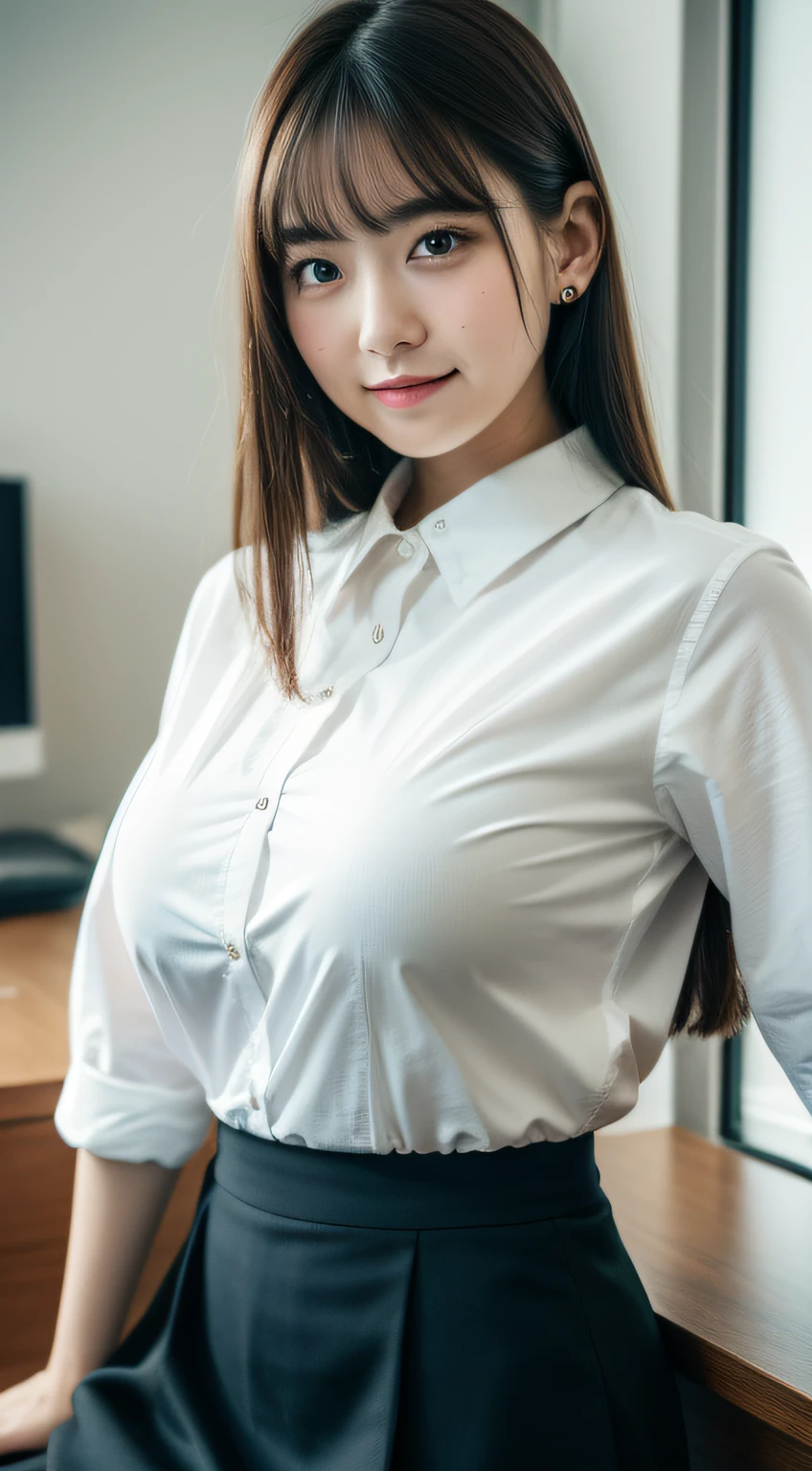 a smile、⦅White business shirt with wide open chest:1.5⦆, Boob emphasis,⦅Open cleavage emphasis⦆,⦅Breast drooping pose⦆、((huge-breasted:1.4)),Looking at me on my desk in an office in a high-rise building、 Dark blue tight skirt, The skirt is flipped up,Sweaty big、 Black Lace T-Back Panties, Open white Y-shirt、(Best Quality,At 8K,nffsw:1.2),(cute Japanese girls),(Huge breasts:1.25),(Collared shirt)、(masterpiece、top-quality) 、For clear images、Strong sunshine、absolutely outstanding image, very extremely beautiful、masterpiece, top-quality,a picture, kawaii、(Colossal tits:1.2)、((20 year old woman:1.ung adorable Japan face, dewy skin, close up of face,Soft portrait shots,in 8K