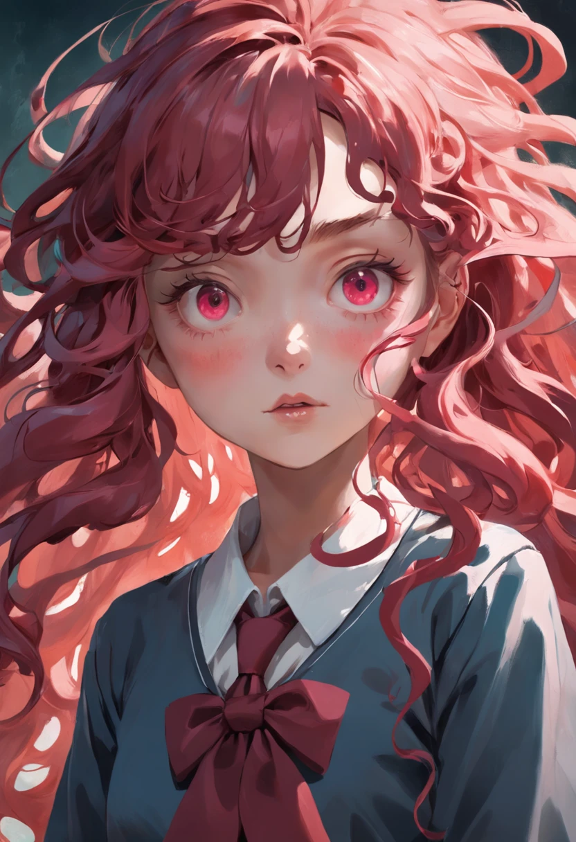 Beautiful girl. curly maroon mixed coral long hair. Happy face. School uniform.Surrealism. Tim Burton. In the style of Adrian Ghenie, Esao Andrews, Jenny Saville, Edward Hopper. The look of the 50s advertising