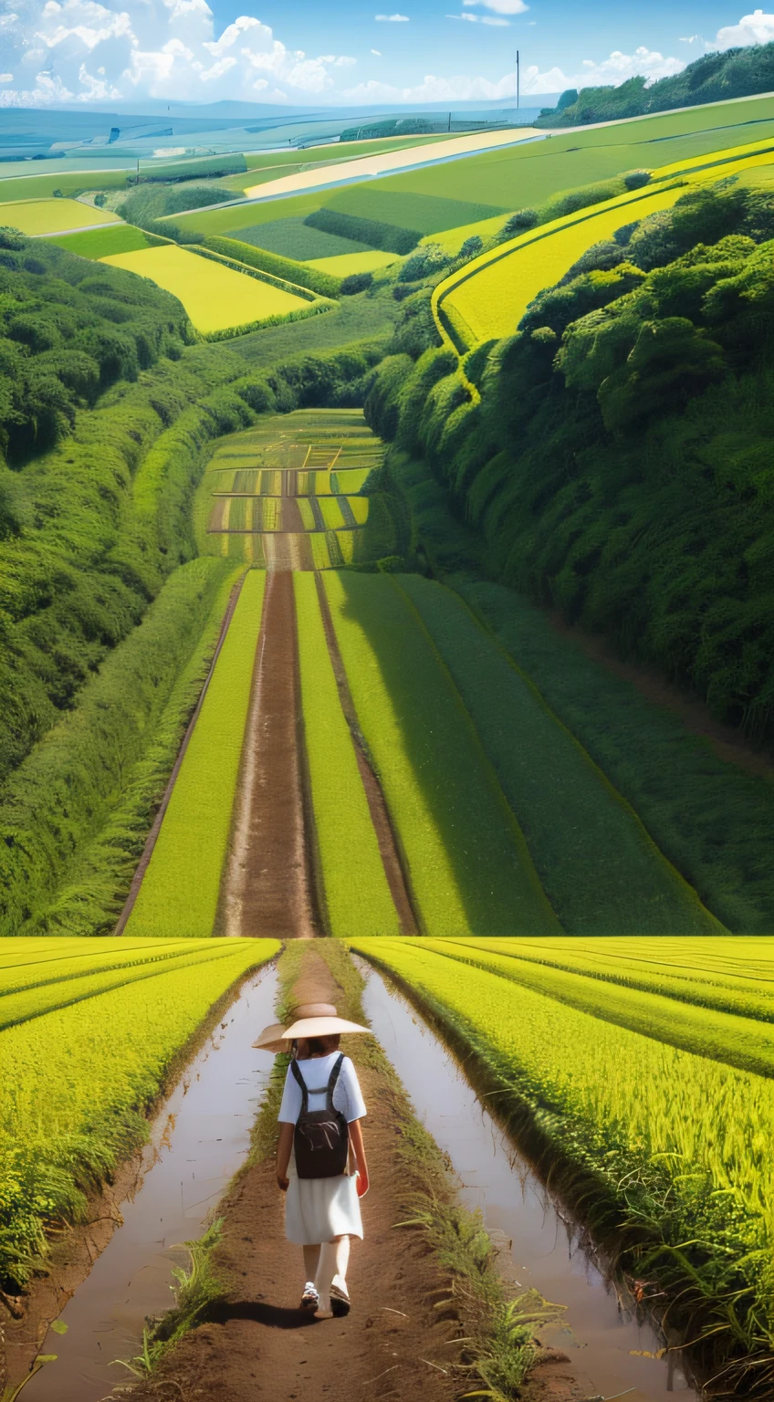 The girl in red walks on the dirt road in the field, countryside in japan, Japanese countryside, japanesse farmer, rural japan, japan rural travel, author:Tadashige Ono, author:Yasushi Sugiyama, author:Tadashi Nakayama, Green fields, ricefield, korean countryside, rows of lush crops, immaculate rows of crops,1440*620DPI