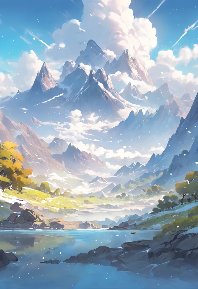 snow mountains，lakes，with blue sky and white clouds，The trees are colorful，digital landscape art, Detailed scenery —width 672, landscape artwork, environment design illustration, scenery art detailed, Desert oasis landscape, concept-art, 4k highly detailed digital art, 4 k digital painting, 4k digital painting, stunning digital illustration, digital painting concept art, Detailed digital painting