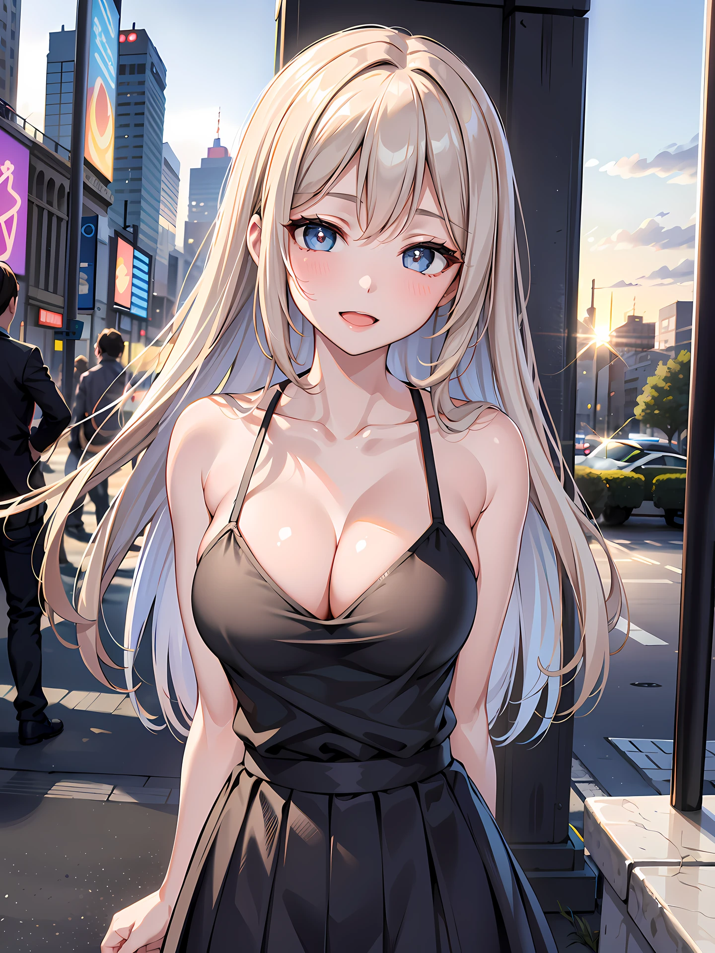 (1girl:1.3, solo), (Masterpiece, best quality, photorealistic, highres, photography, :1.3), ultra-detailed, sharp focus, professional photo, commercial photo, (upper body:1.3), (standing at downtow street), (((starring at the viewer:1.5))), (arms behind back:1.3), 
BREAK, 
1girl, solo, milf, European girl, hot model, (attractive model:1.37), (promotional model:1.2), highly detailed eyes and pupils, realistic skin, (attractive body, large breast:1.25, thin waist:1.15), medium-length thin hair, single braid hair, mahogany hair, extremely detailed hair, delicate sexy face, sensual gaze, shiny lips, 
BREAK, 
(black camisole:1.3), (black plaid-pattern-skirt:1.3), detailed clothes, 
BREAK, 
(outdoor, Times Square garden background, blurry background:1.25, simple background, no-human background, detailed background), (under sunset:1.37), 
BREAK, 
(attractive posing), ((realistic, super realistic, realism, realistic detail)), perfect anatomy, perfect proportion, bokeh, depth of field, hyper sharp image, (attractive emotion, seductive smile:1.2, happy:1.2, blush:1.2, :d:1.2, :p:1.2), 4fingers and thumb, perfect human hands, wind,