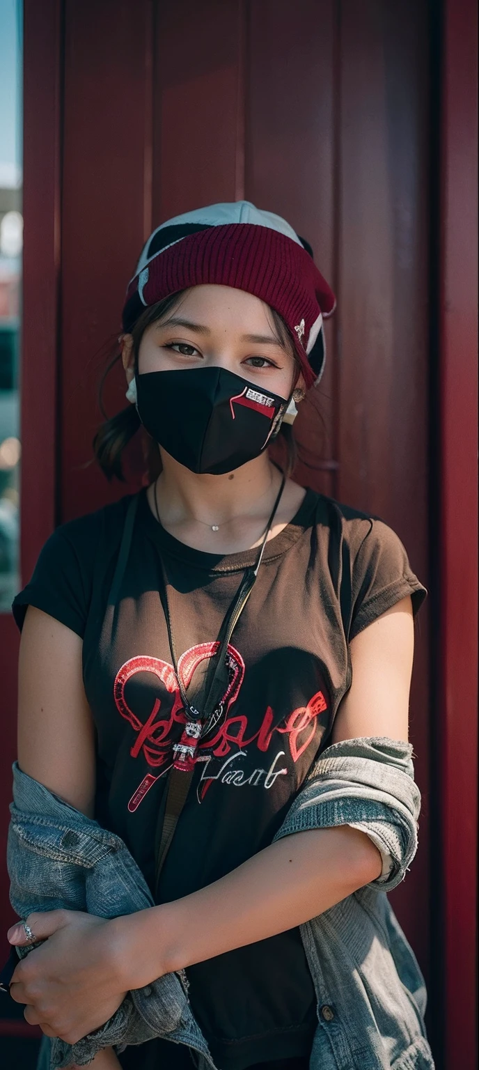 there is a young girl wearing a face mask and a red scarf, wearing mask, wearing facemask, she is about 1 6 years old, wearing all black mempo mask, wearing a mask, photo of the girl, front portrait of a girl, wearing bandit mask, front portrait, 19-year-old girl, front profile!!!!, 3d style