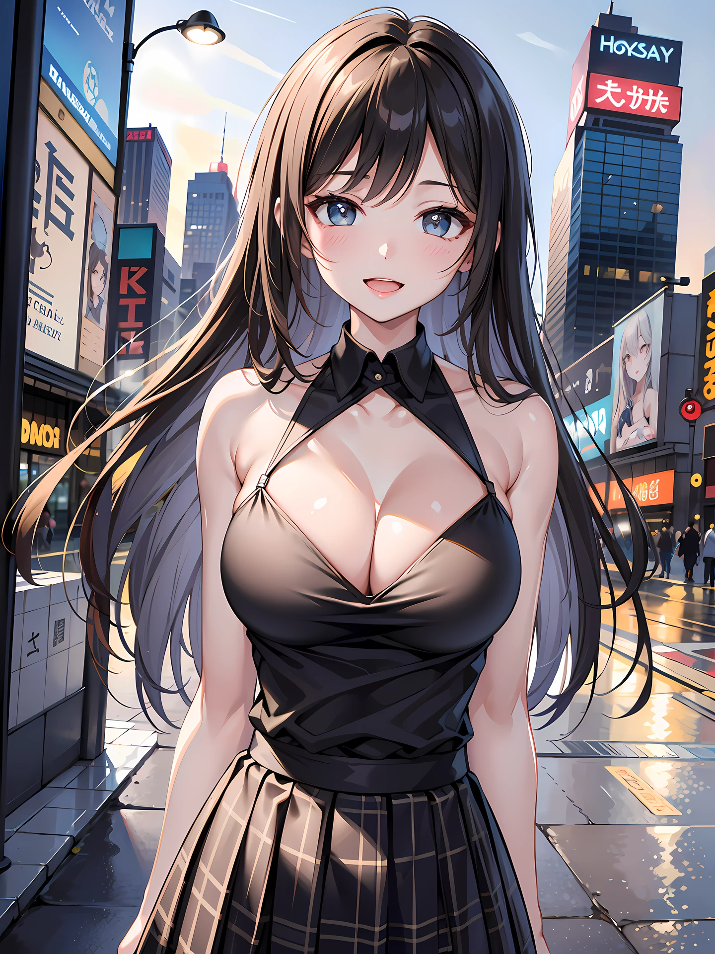 (1girl:1.3, solo), (Masterpiece, best quality, photorealistic, highres, photography, :1.3), ultra-detailed, sharp focus, professional photo, commercial photo, (upper body:1.3), (standing at downtow street), (((starring at the viewer:1.5))), (arms behind back:1.3), 
BREAK, 
1girl, solo, milf, European girl, hot model, (attractive model:1.37), (promotional model:1.2), highly detailed eyes and pupils, realistic skin, (attractive body, large breast:1.25, thin waist:1.15), medium-length thin hair, single braid hair, mahogany hair, extremely detailed hair, delicate sexy face, sensual gaze, shiny lips, 
BREAK, 
(black camisole:1.3), (black plaid-pattern-skirt:1.3), detailed clothes, 
BREAK, 
(outdoor, Times Square garden background, blurry background:1.25, simple background, no-human background, detailed background), (under sunset:1.37), 
BREAK, 
(attractive posing), ((realistic, super realistic, realism, realistic detail)), perfect anatomy, perfect proportion, bokeh, depth of field, hyper sharp image, (attractive emotion, seductive smile:1.2, happy:1.2, blush:1.2, :d:1.2, :p:1.2), 4fingers and thumb, perfect human hands, wind,