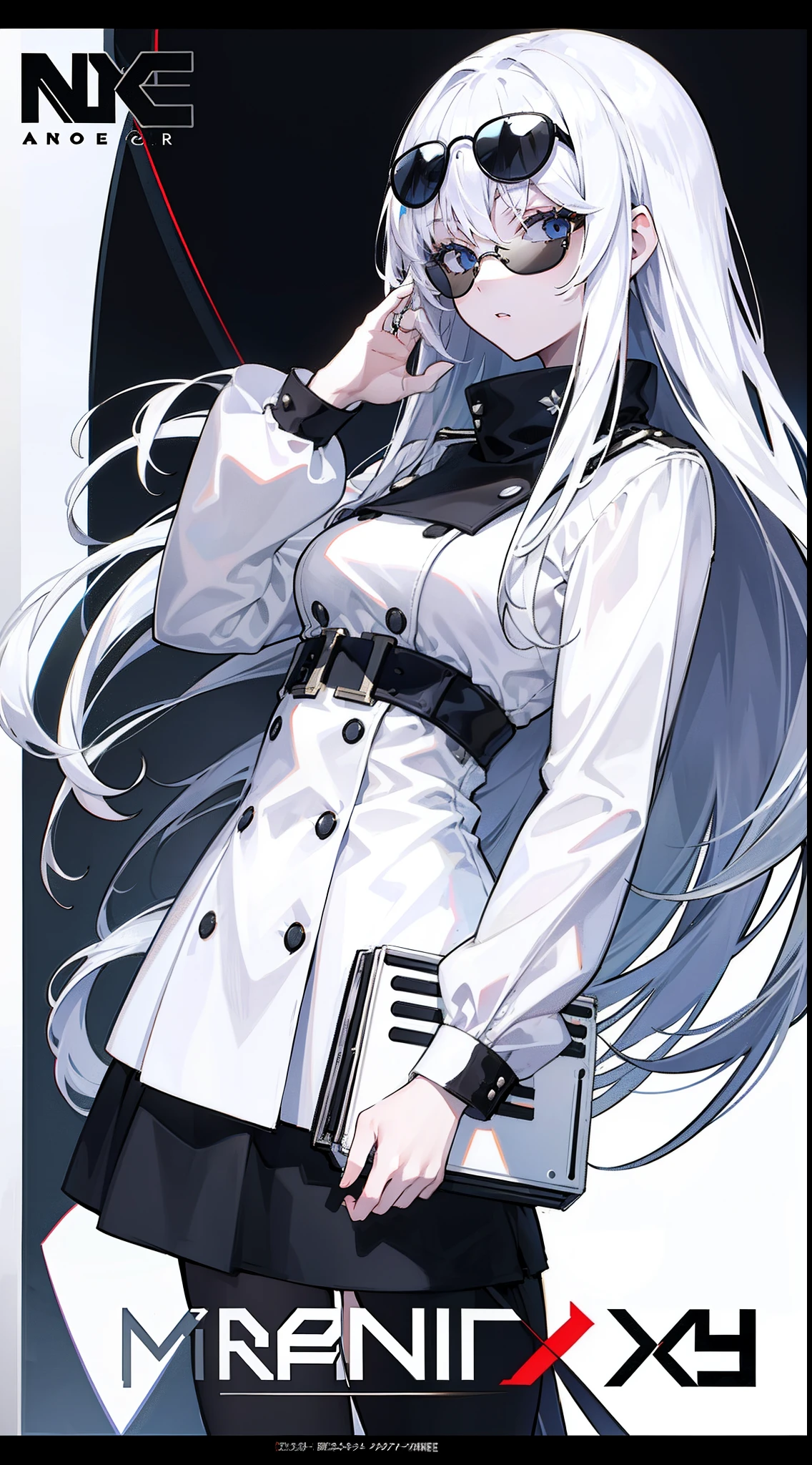 A girl，White color hair，long whitr hair，Wearing black sunglasses，self-assured，Fashionab，aerodrome，filmposter