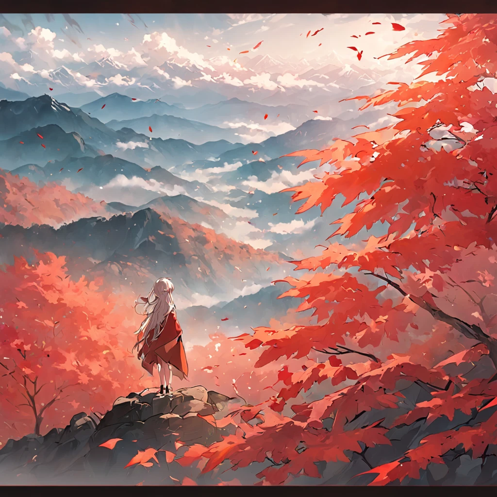 There are large maple leaves in the foreground，The background is rolling mountains，Close-up，maple leaves，Red-green，Faraway view，mont，Cloud fog，high definition detail、tmasterpiece、Best quality，Wallpapers