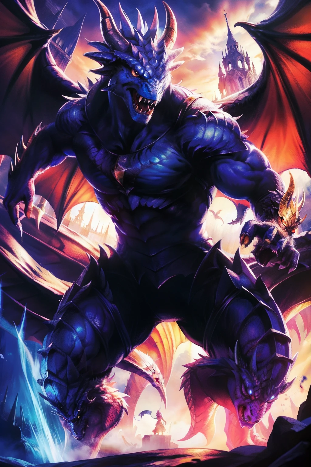 1man,Magical creature,dragon,fighting,