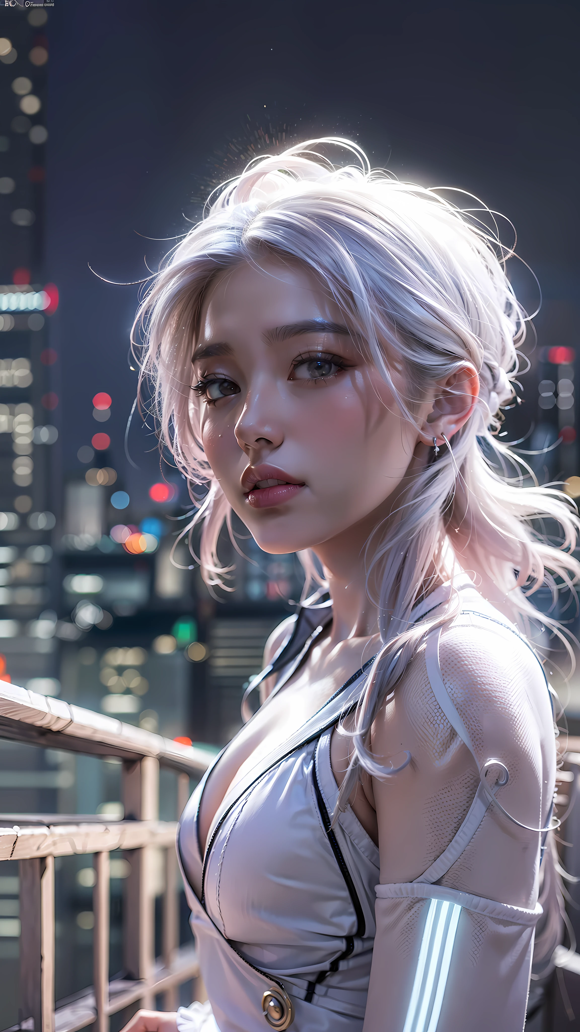 (1girl:1.3), Solo, (((Very detailed face)))), ((Very detailed eyes and face)))), Half body potrait, Beautiful detail eyes, Body parts__, Official art, Unified 8k wallpaper, Super detailed, beautiful and elegant, beautiful, masterpiece, best quality, original, masterpiece, super fine photo, best quality, super high resolution, realistic realism, Night Scence, moon light, full body portrait, amazing beauty, dynamic pose, delicate face, vibrant eyes, (from the front), She wears White Spider-Man suit, white and pink color scheme, spider, very detailed city roof background, rooftop, overlooking the city, detailed face, detailed complex busy background, messy, gorgeous, milky white, highly detailed skin, realistic skin details, visible pores, clear focus, volumetric fog, 8k uhd, DSLR, high quality, film grain, fair skin, photo realism, lomography, futuristic dystopian megalopolis, translucent