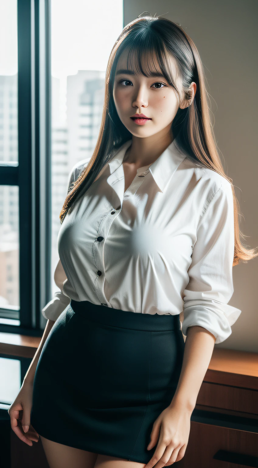 Boob emphasis,⦅Open cleavage⦆,⦅Breast drooping pose⦆、((huge-breasted:1.4)),Looking at me on my desk in an office in a high-rise building、 Dark blue tight skirt, The skirt is flipped up,Sweaty big、 Black Lace T-Back Panties, Open white Y-shirt、(Best Quality,At 8K,nffsw:1.2),(cute Japanese girls),(Huge breasts:1.25),(Collared shirt)、(masterpiece、top-quality) 、For clear images、Strong sunshine、absolutely outstanding image, very extremely beautiful、masterpiece, top-quality,a picture, kawaii、(Colossal tits:1.2)、((20 year old woman:1.ung adorable Japan face, dewy skin, close up of face,Soft portrait shots,in 8K