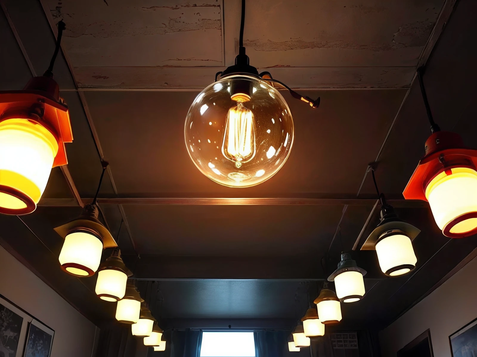 An old tungsten lamp is suspended by black wires in the center of the room
Flashing dim light。